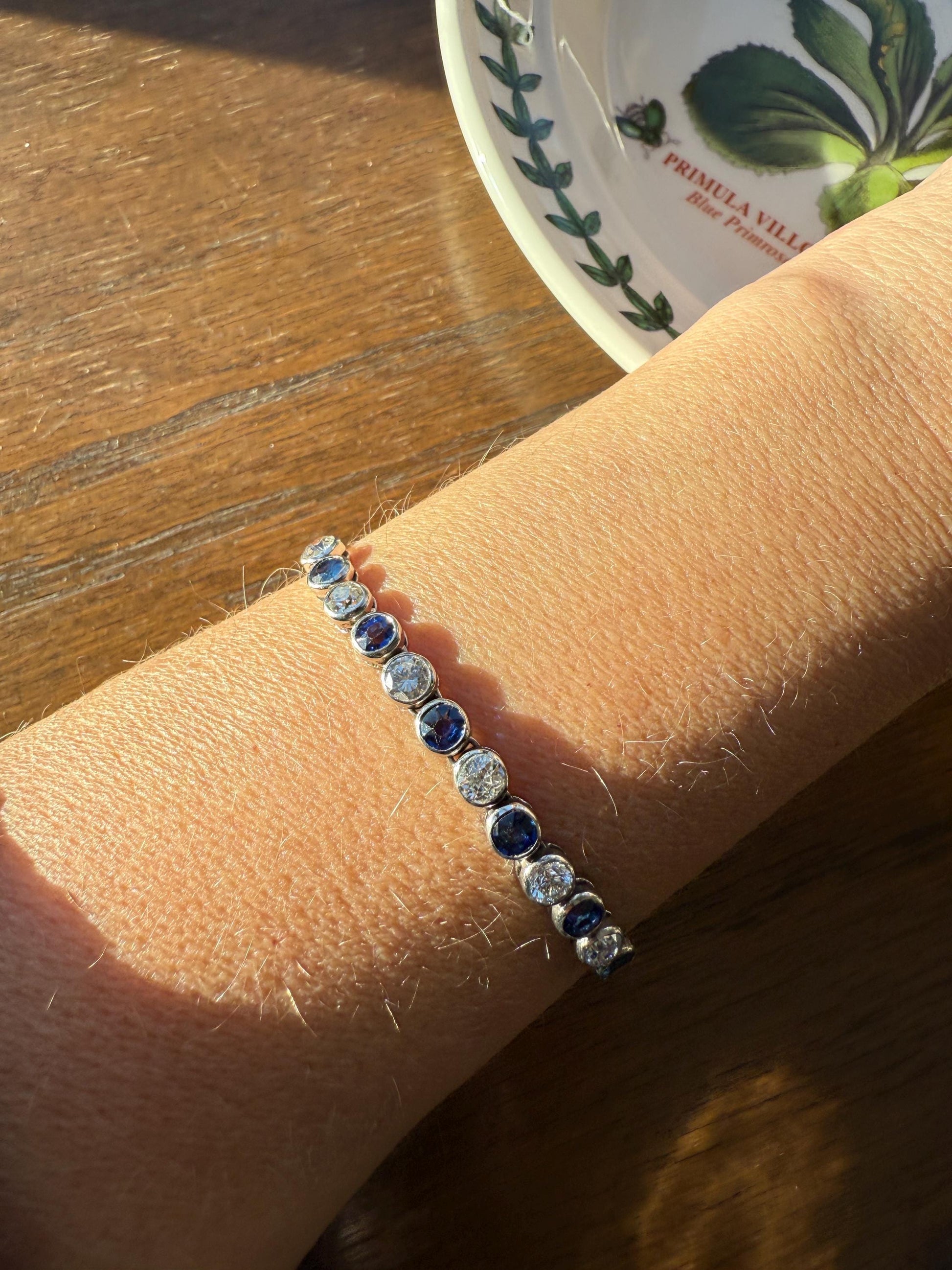 Art Deco SAPPHIRE Old Mine & Transitional Cut DIAMOND Tennis Bracelet 18k White Gold Vintage Bezel Set Milgrain Wriststack 5Ctw Stacker