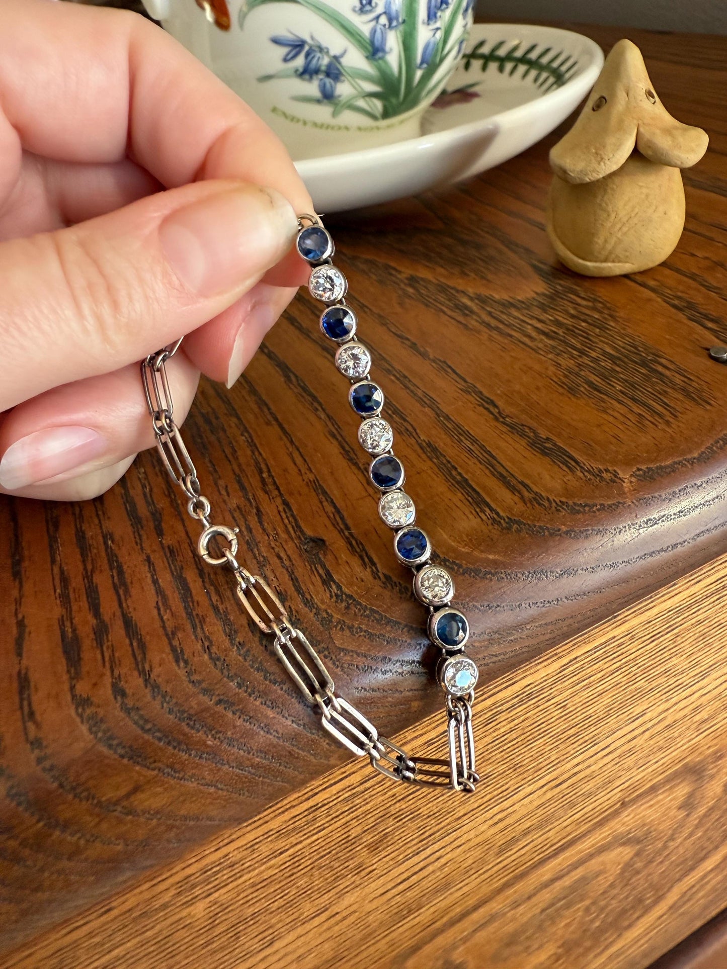 Art Deco SAPPHIRE Old Mine & Transitional Cut DIAMOND Tennis Bracelet 18k White Gold Vintage Bezel Set Milgrain Wriststack 5Ctw Stacker