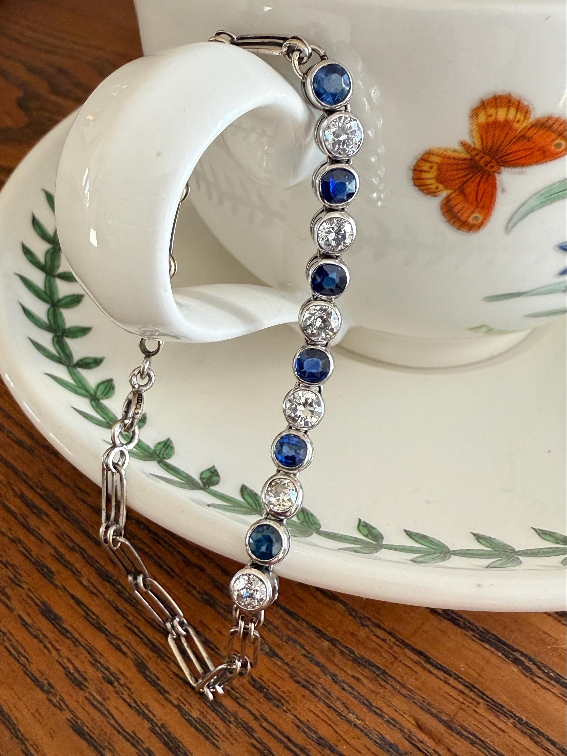 Art Deco SAPPHIRE Old Mine & Transitional Cut DIAMOND Tennis Bracelet 18k White Gold Vintage Bezel Set Milgrain Wriststack 5Ctw Stacker