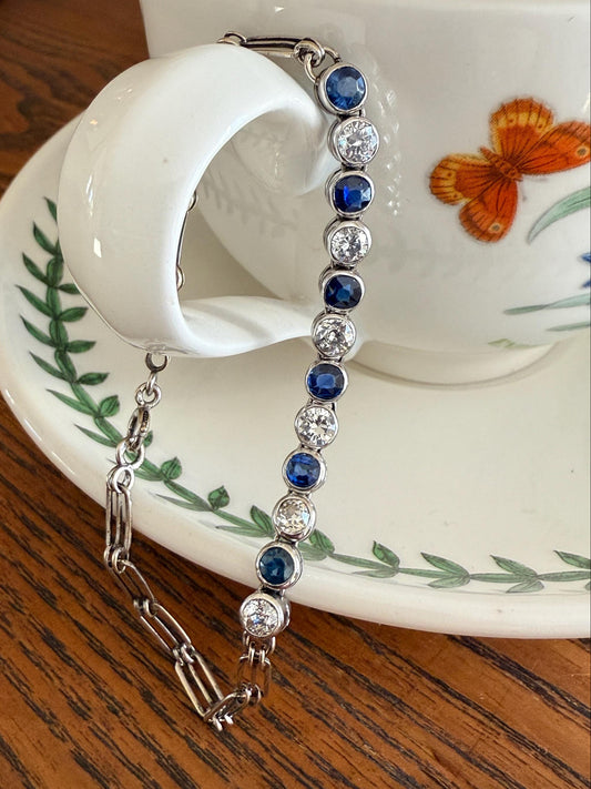 Art Deco SAPPHIRE Old Mine & Transitional Cut DIAMOND Tennis Bracelet 18k White Gold Vintage Bezel Set Milgrain Wriststack 5Ctw Stacker