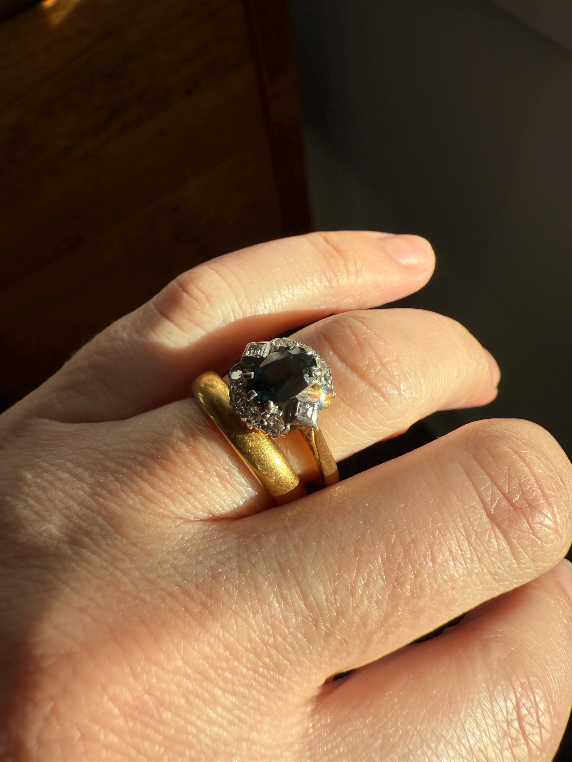 SAPPHIRE Natural Blue Green Single & Square Step Cut DIAMOND Halo Ring 18k Gold Platinum Vintage to Antique Art Deco Teal Gift Stacker
