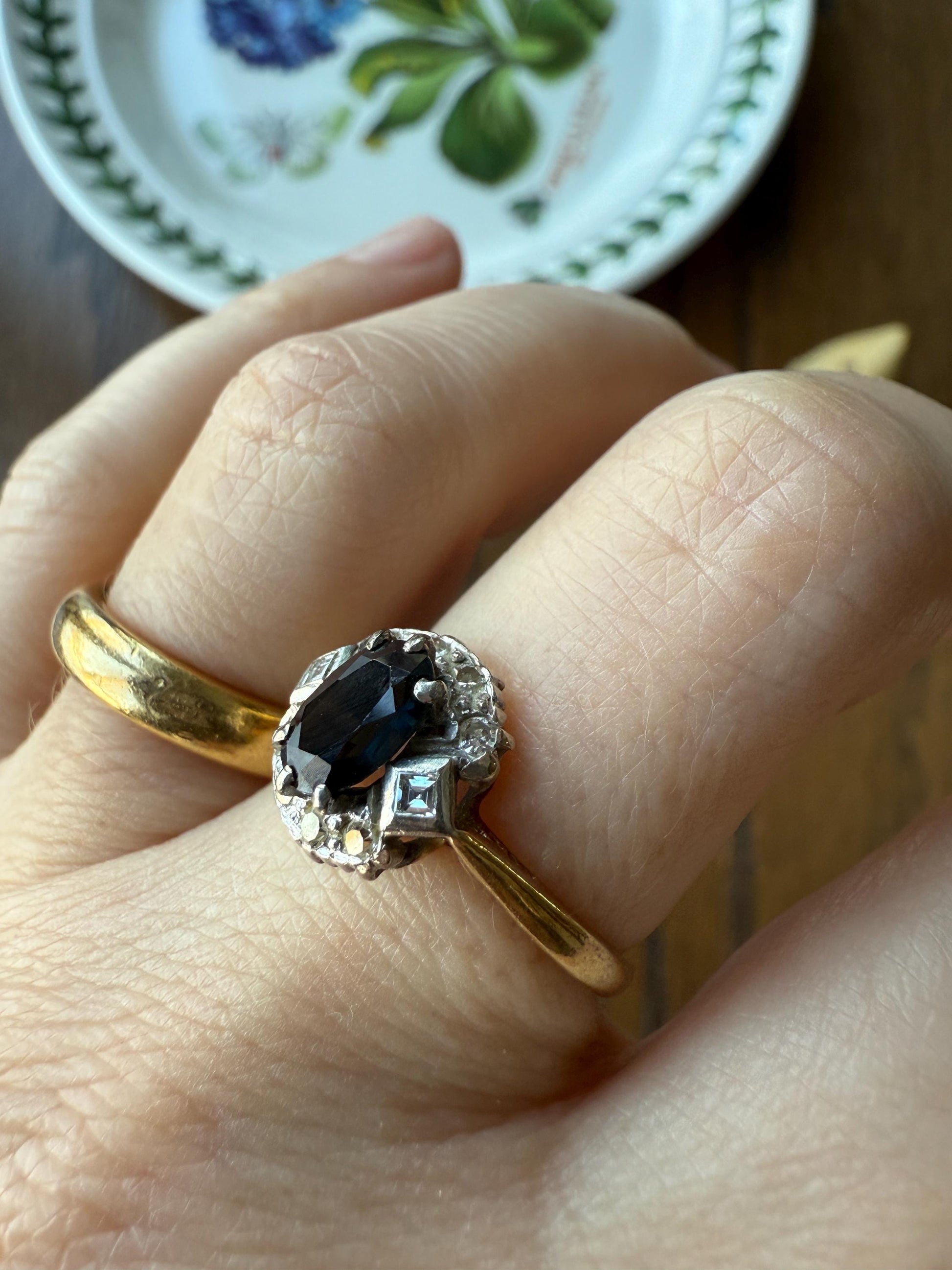 SAPPHIRE Natural Blue Green Single & Square Step Cut DIAMOND Halo Ring 18k Gold Platinum Vintage to Antique Art Deco Teal Gift Stacker