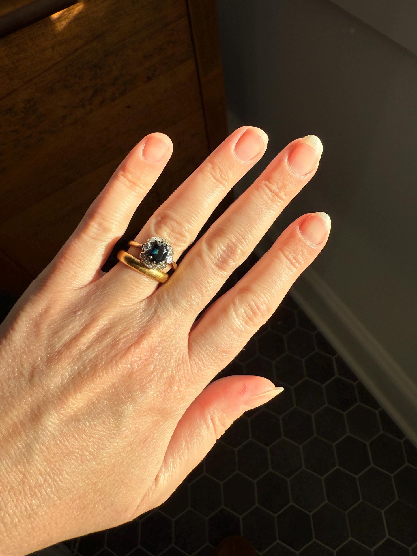 SAPPHIRE Natural Blue Green Single & Square Step Cut DIAMOND Halo Ring 18k Gold Platinum Vintage to Antique Art Deco Teal Gift Stacker