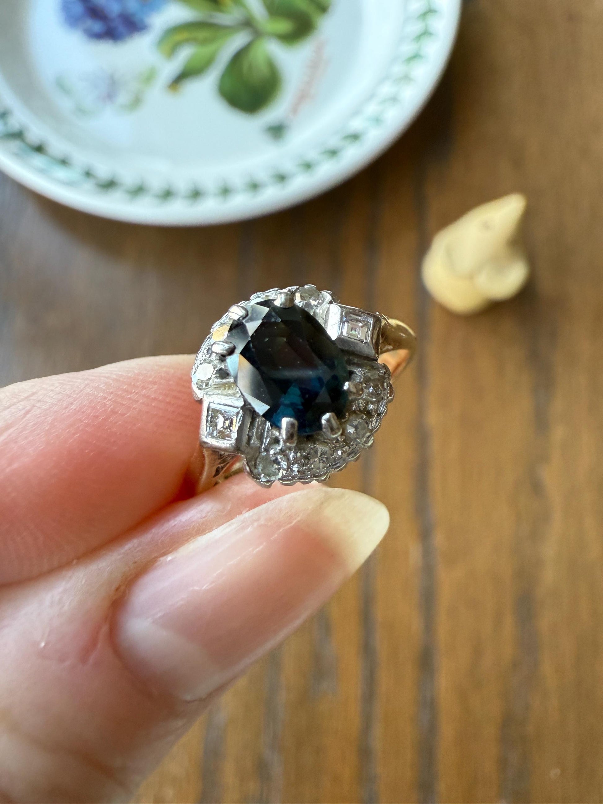 SAPPHIRE Natural Blue Green Single & Square Step Cut DIAMOND Halo Ring 18k Gold Platinum Vintage to Antique Art Deco Teal Gift Stacker