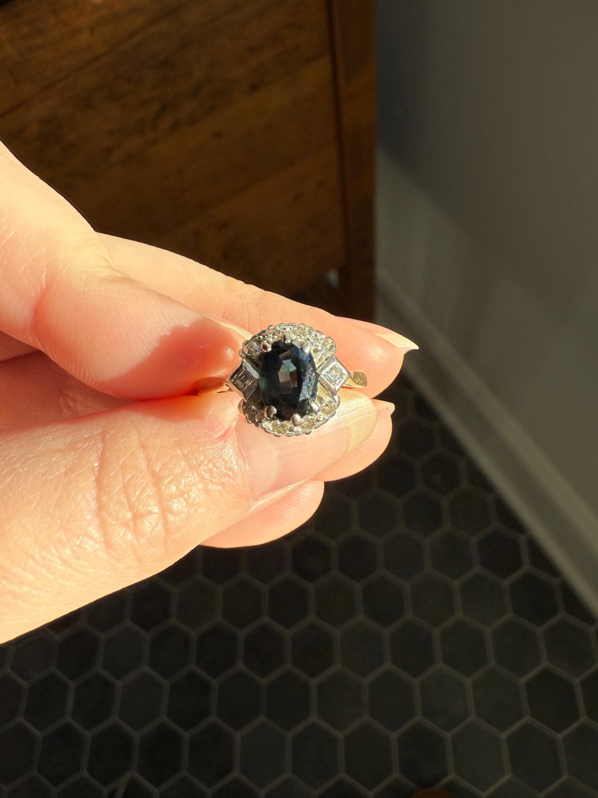 SAPPHIRE Natural Blue Green Single & Square Step Cut DIAMOND Halo Ring 18k Gold Platinum Vintage to Antique Art Deco Teal Gift Stacker
