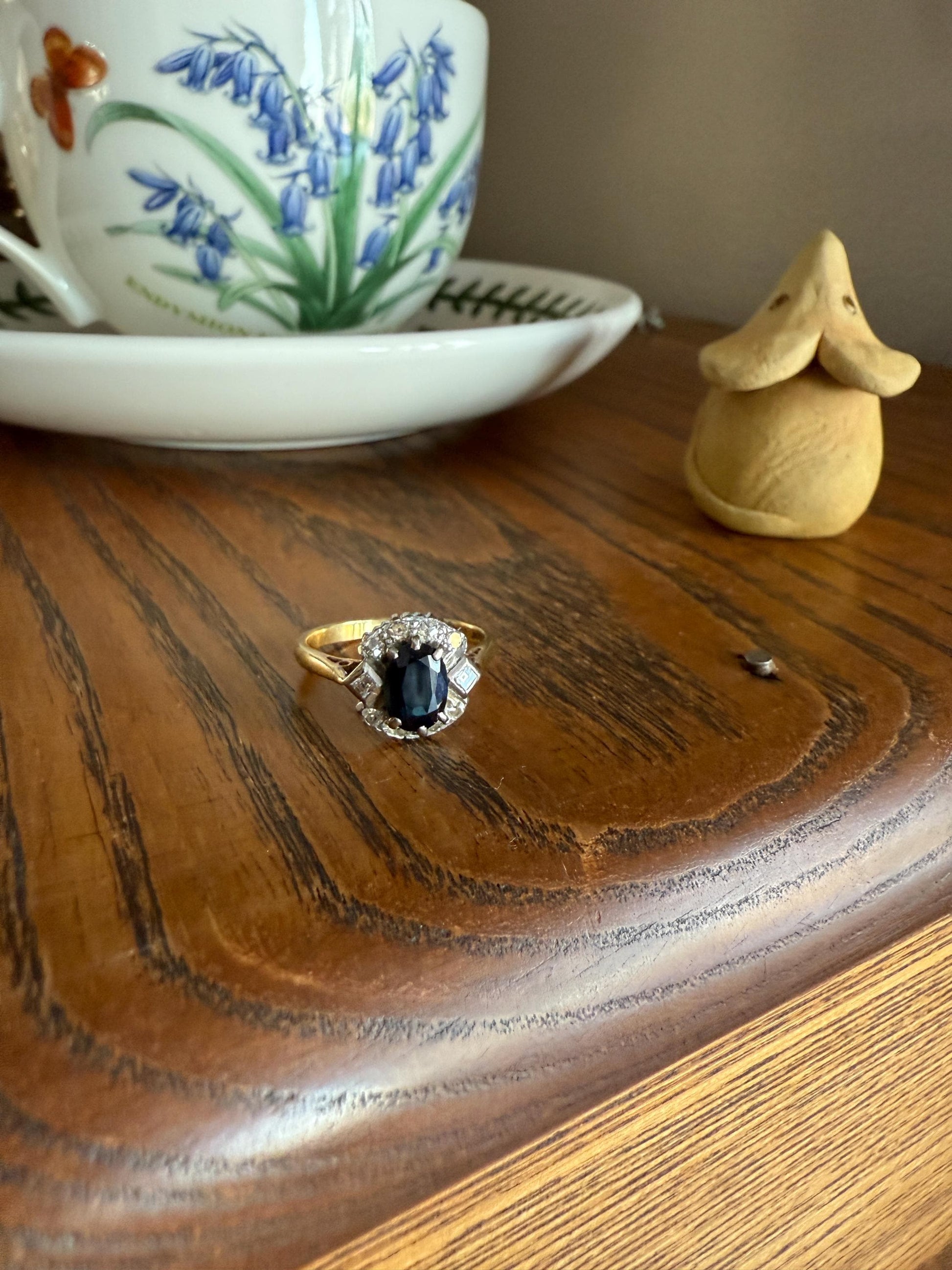 SAPPHIRE Natural Blue Green Single & Square Step Cut DIAMOND Halo Ring 18k Gold Platinum Vintage to Antique Art Deco Teal Gift Stacker