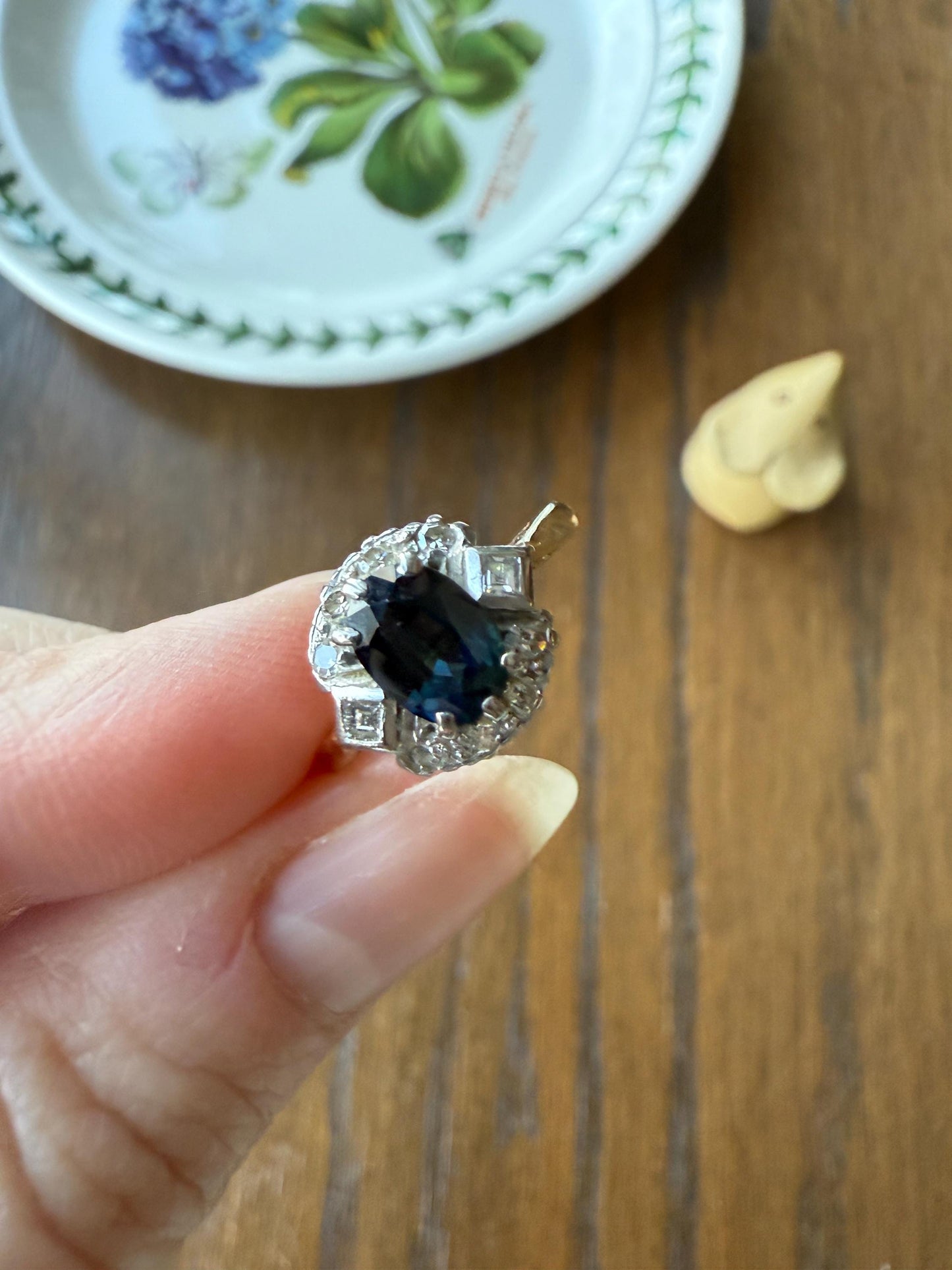 SAPPHIRE Natural Blue Green Single & Square Step Cut DIAMOND Halo Ring 18k Gold Platinum Vintage to Antique Art Deco Teal Gift Stacker