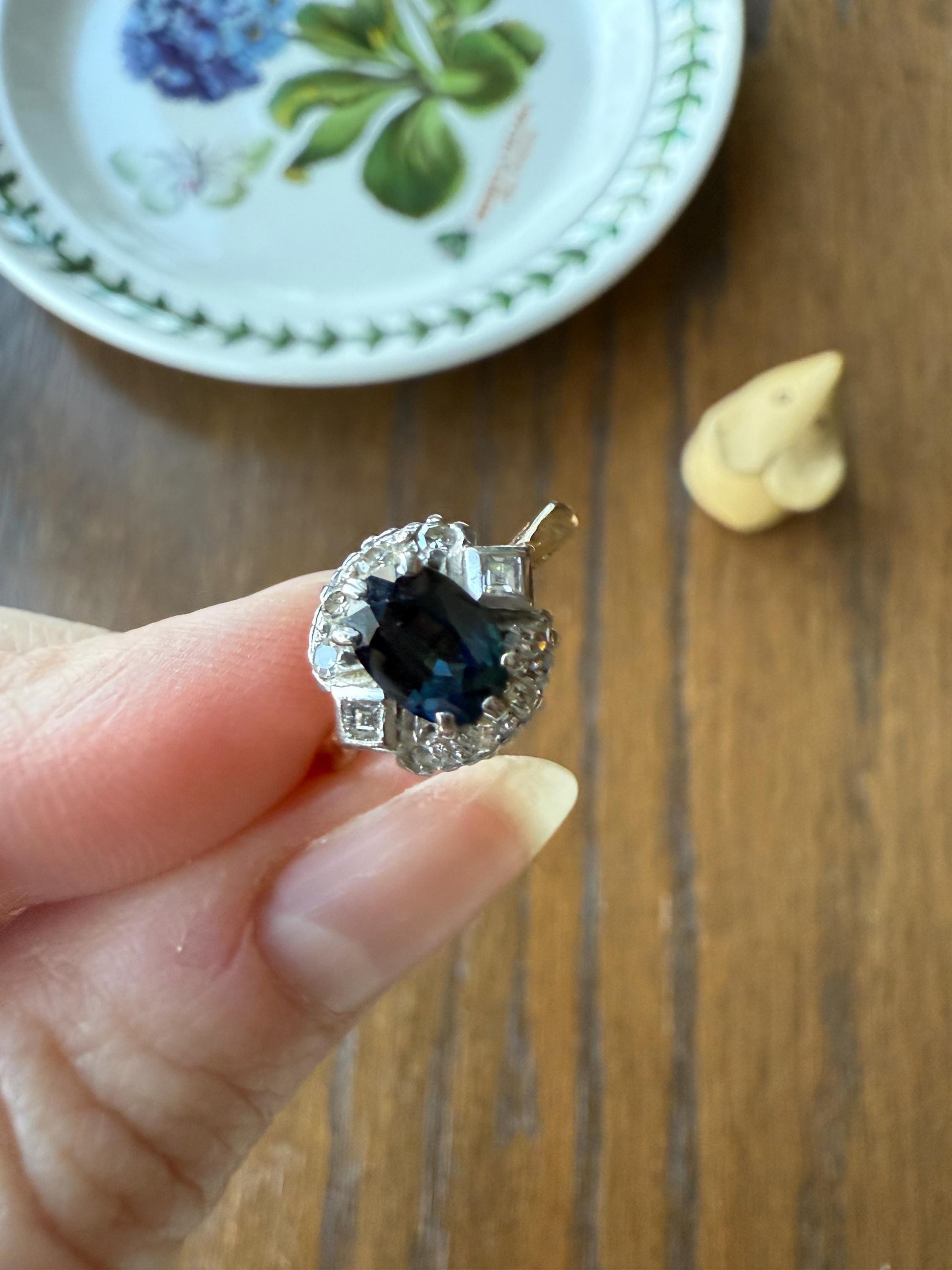 SAPPHIRE Natural Blue Green Single & Square Step Cut DIAMOND Halo Ring 18k Gold Platinum Vintage to Antique Art Deco Teal Gift Stacker