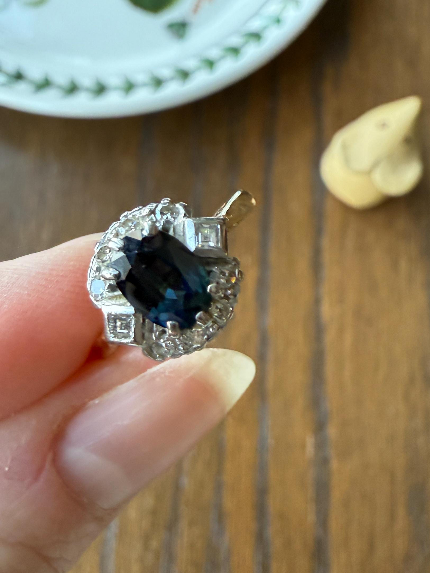 SAPPHIRE Natural Blue Green Single & Square Step Cut DIAMOND Halo Ring 18k Gold Platinum Vintage to Antique Art Deco Teal Gift Stacker