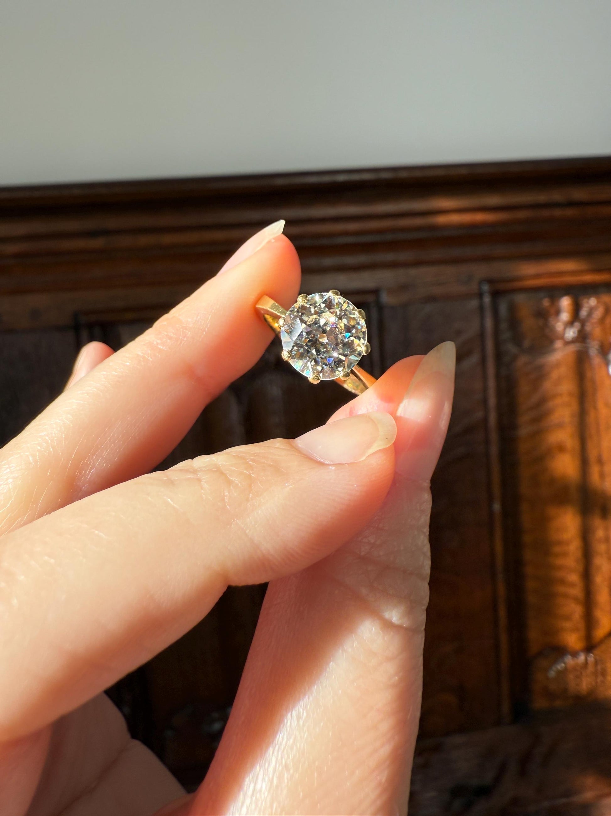 Exceptional Antique 2.6 CARAT Old European Cut DIAMOND Solitaire Engagement Ring 18k Gold Solid Yellow Tall Prong Setting Stacker