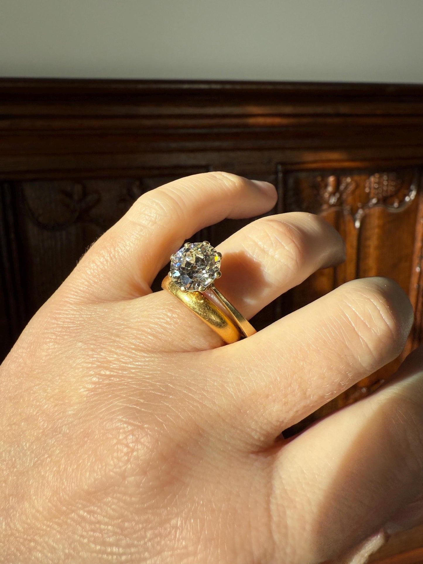 Exceptional Antique 2.6 CARAT Old European Cut DIAMOND Solitaire Engagement Ring 18k Gold Solid Yellow Tall Prong Setting Stacker