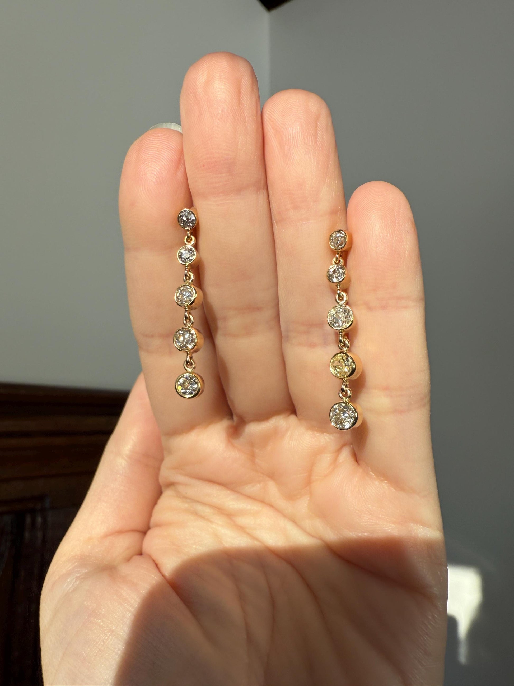 Vintage Dangle Earrings Ten Antique 2.2 Carats Old Mine Cut DIAMOND 18k Gold Linear Five Stone Bezel Set Long Sparklers