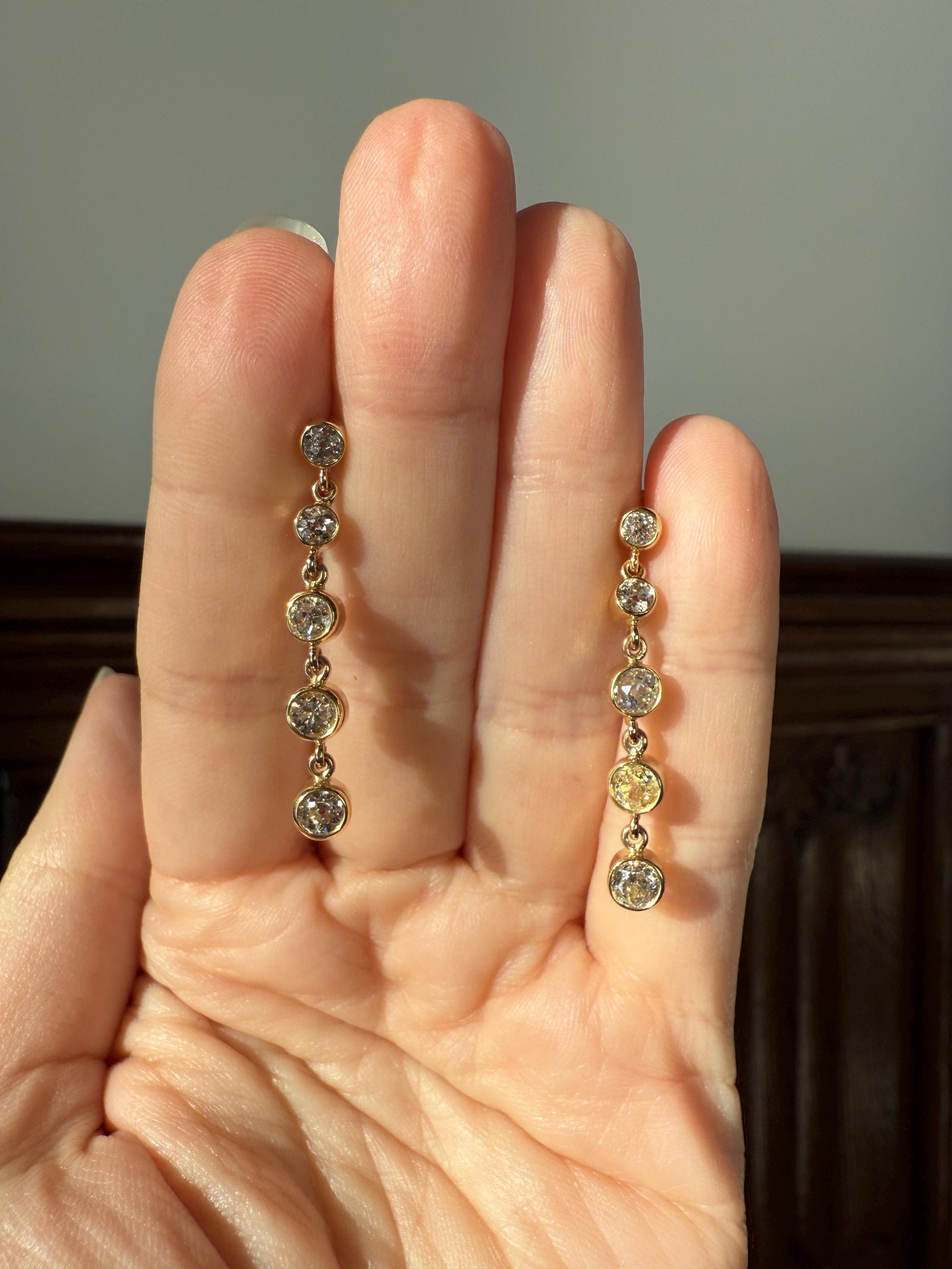 Vintage Dangle Earrings Ten Antique 2.2 Carats Old Mine Cut DIAMOND 18k Gold Linear Five Stone Bezel Set Long Sparklers