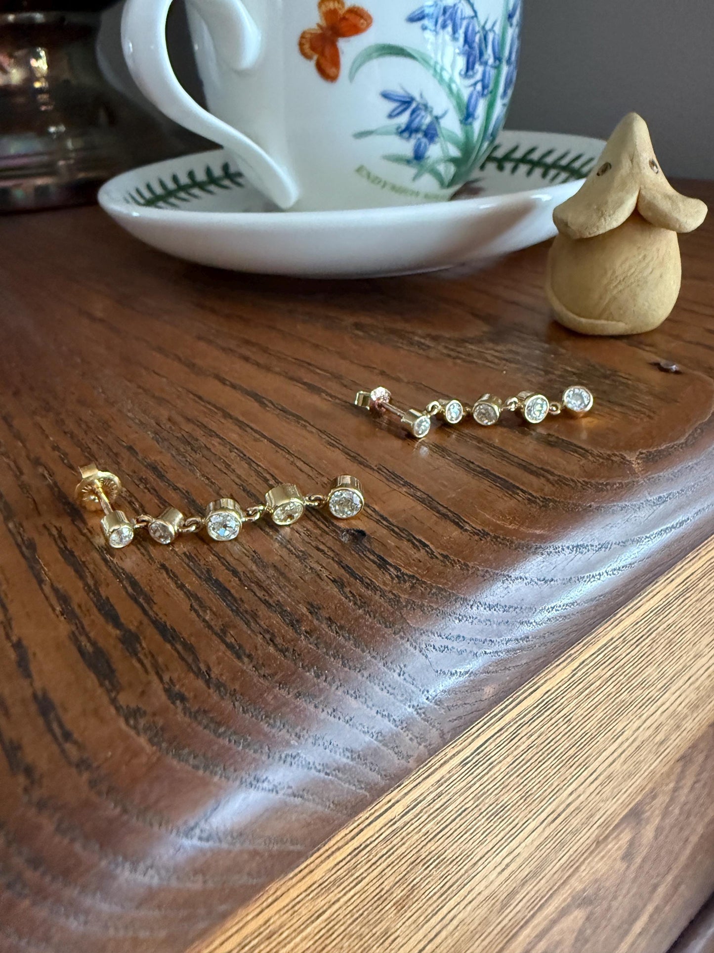 Vintage Dangle Earrings Ten Antique 2.2 Carats Old Mine Cut DIAMOND 18k Gold Linear Five Stone Bezel Set Long Sparklers
