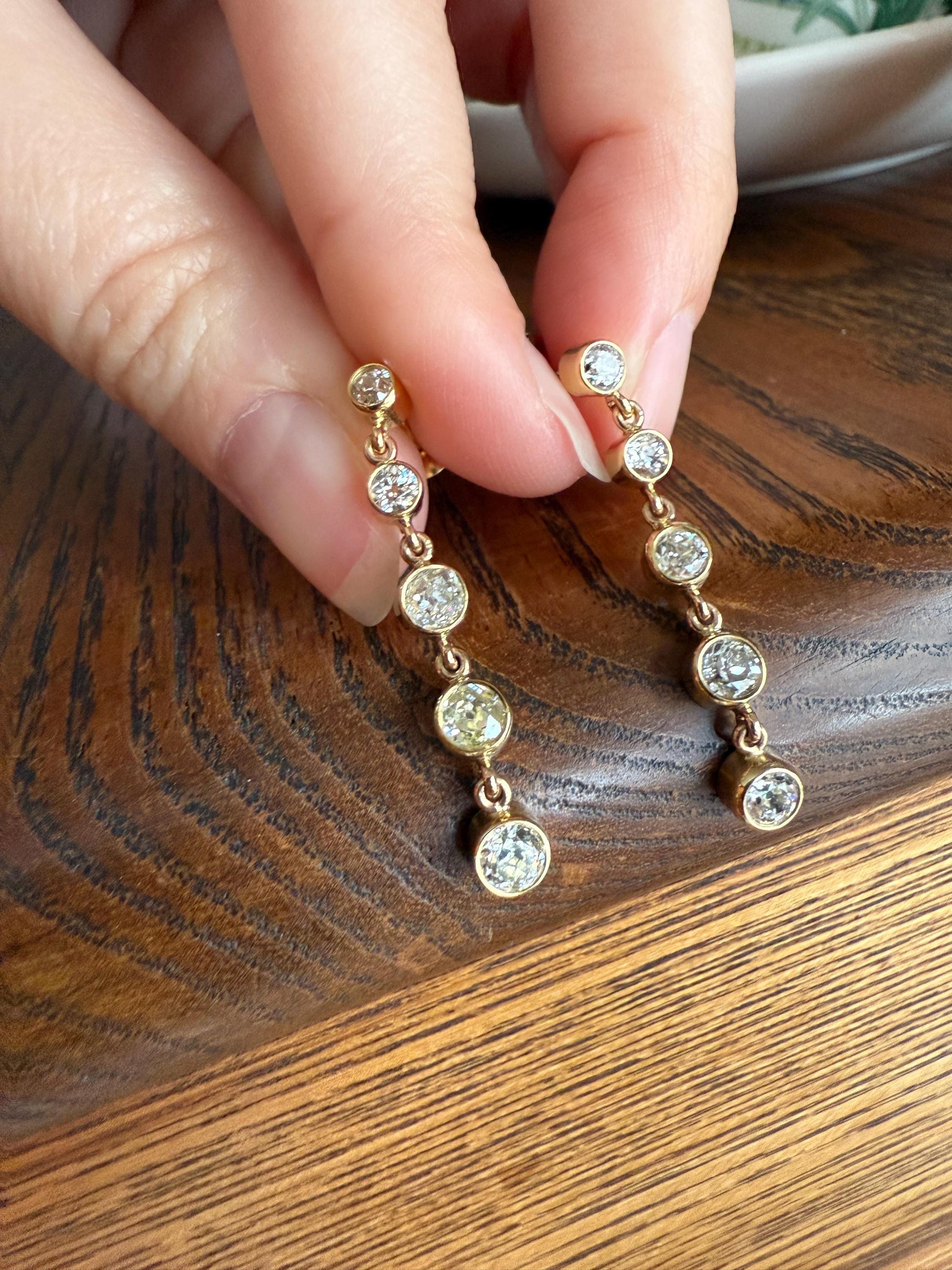 Vintage Dangle Earrings Ten Antique 2.2 Carats Old Mine Cut DIAMOND 18k Gold Linear Five Stone Bezel Set Long Sparklers