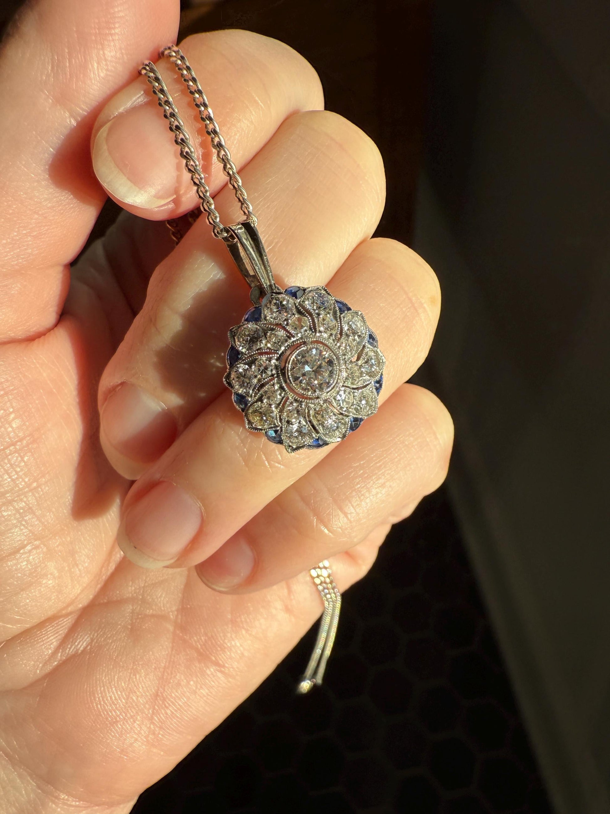 SAPPHIRE Vintage Art Deco Transitional Cut DIAMOND Platinum Floral Cluster Blue Pendant on Silver Chain Necklace Something Old Blue