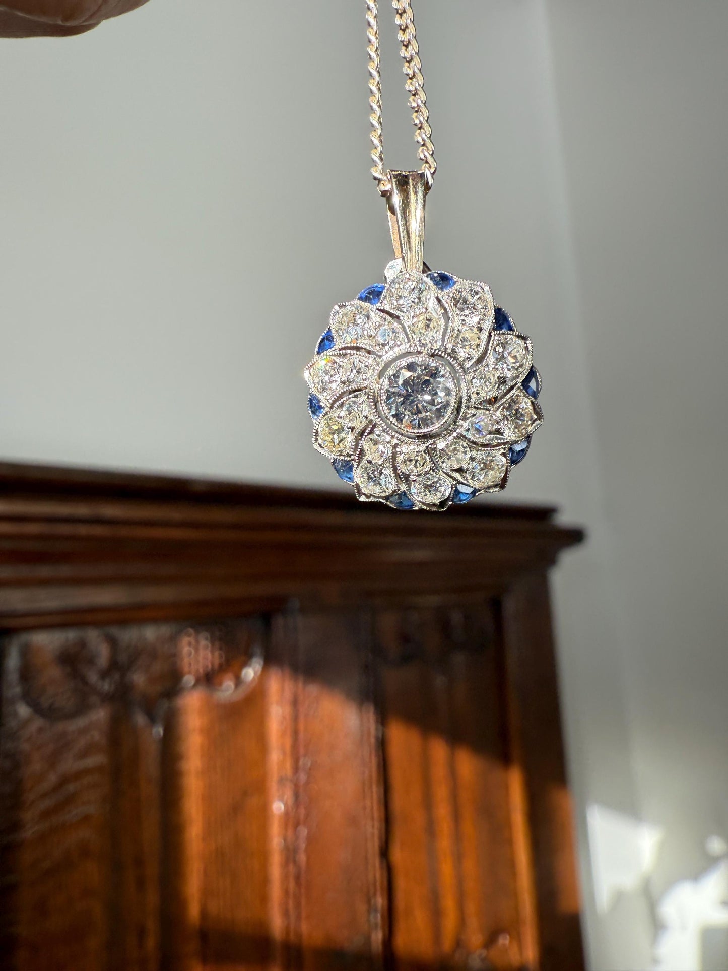 SAPPHIRE Vintage Art Deco Transitional Cut DIAMOND Platinum Floral Cluster Blue Pendant on Silver Chain Necklace Something Old Blue