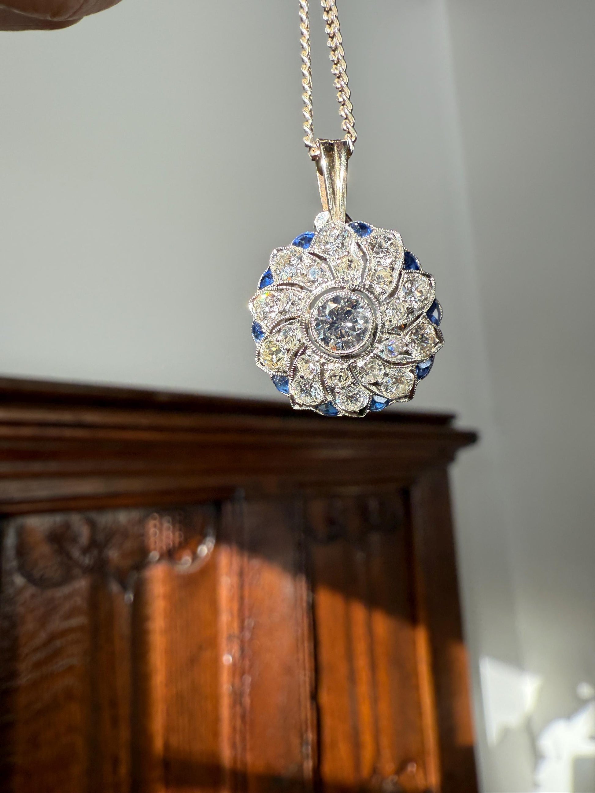 SAPPHIRE Vintage Art Deco Transitional Cut DIAMOND Platinum Floral Cluster Blue Pendant on Silver Chain Necklace Something Old Blue