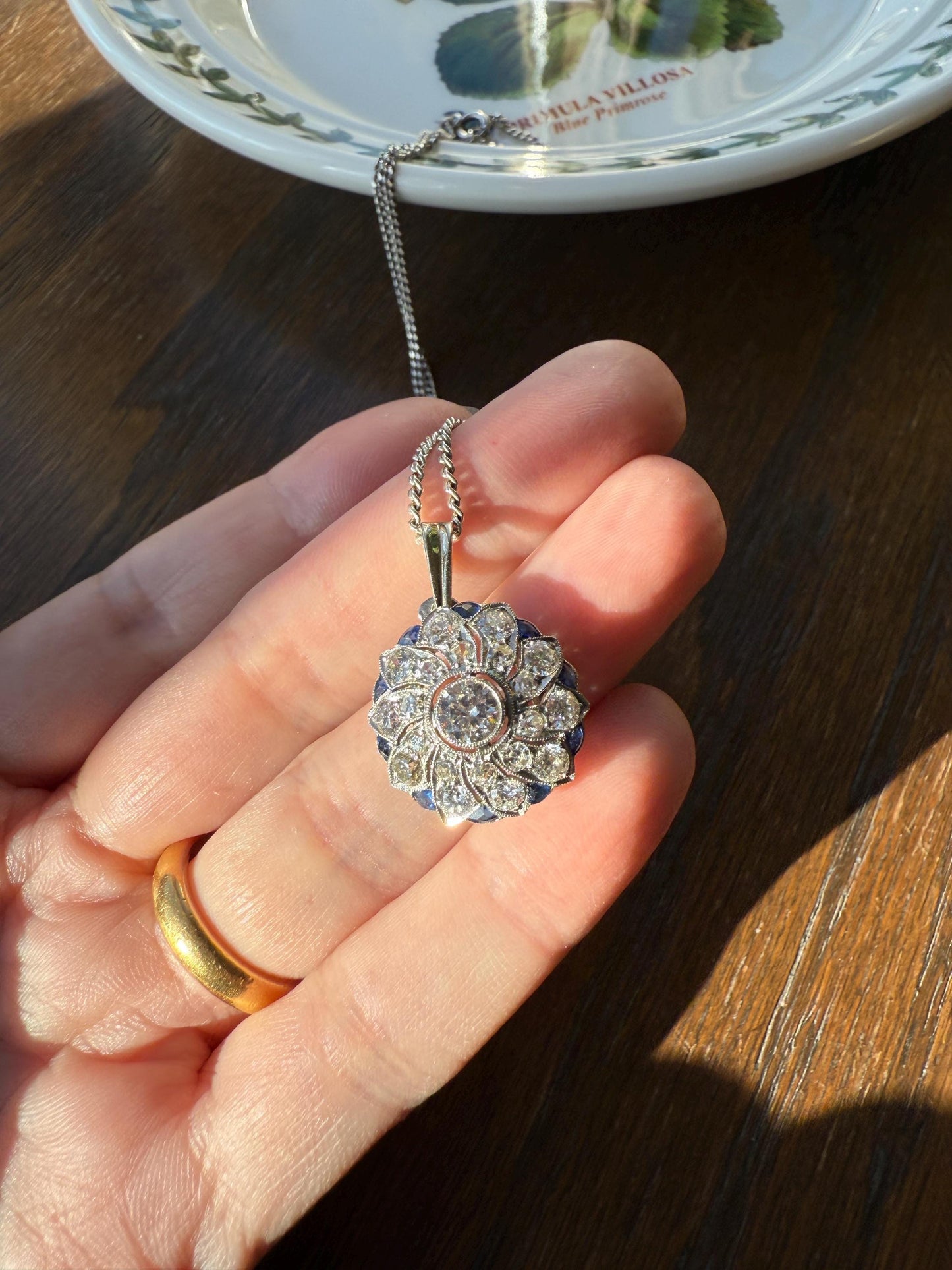 SAPPHIRE Vintage Art Deco Transitional Cut DIAMOND Platinum Floral Cluster Blue Pendant on Silver Chain Necklace Something Old Blue