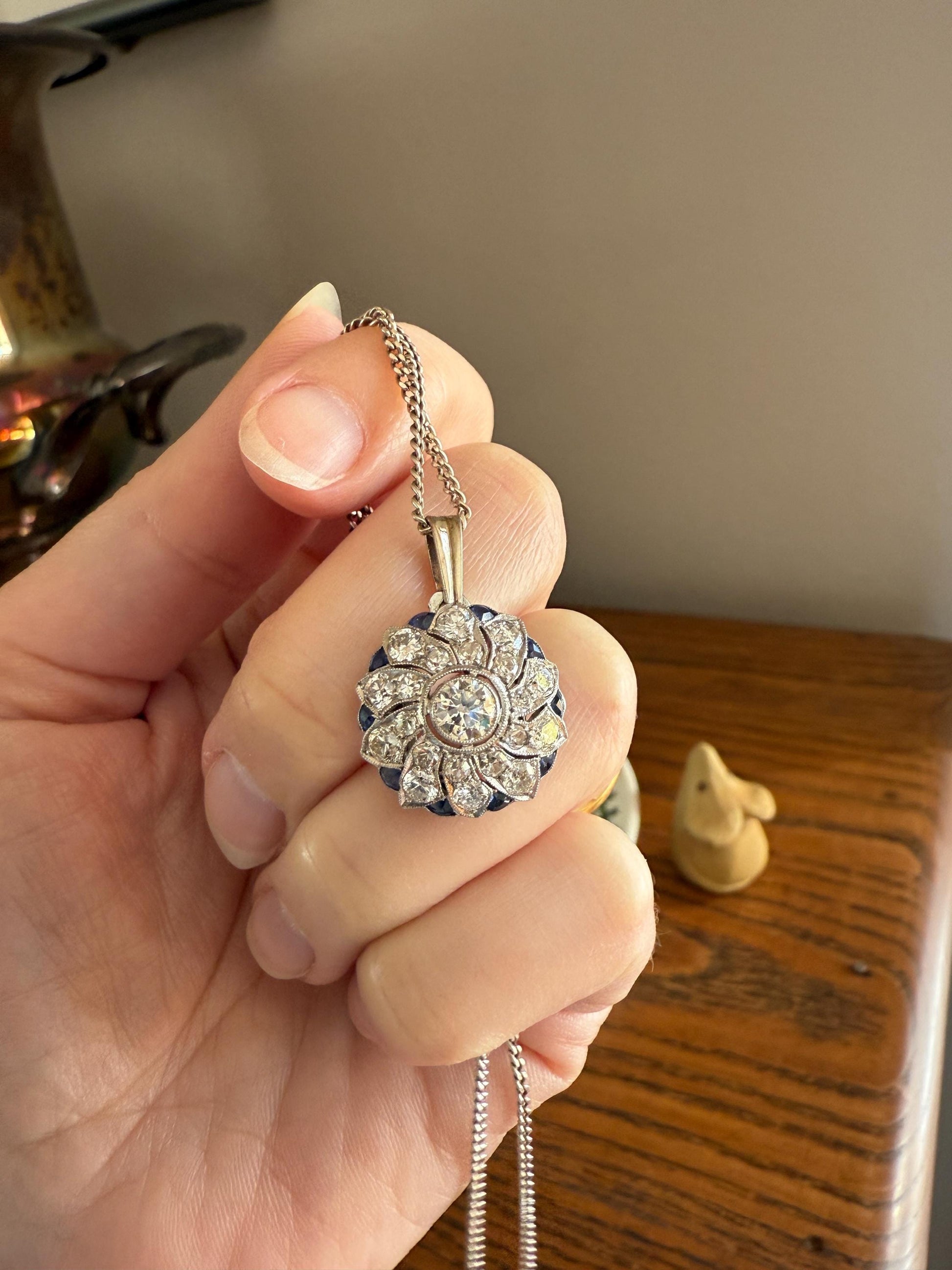 SAPPHIRE Vintage Art Deco Transitional Cut DIAMOND Platinum Floral Cluster Blue Pendant on Silver Chain Necklace Something Old Blue