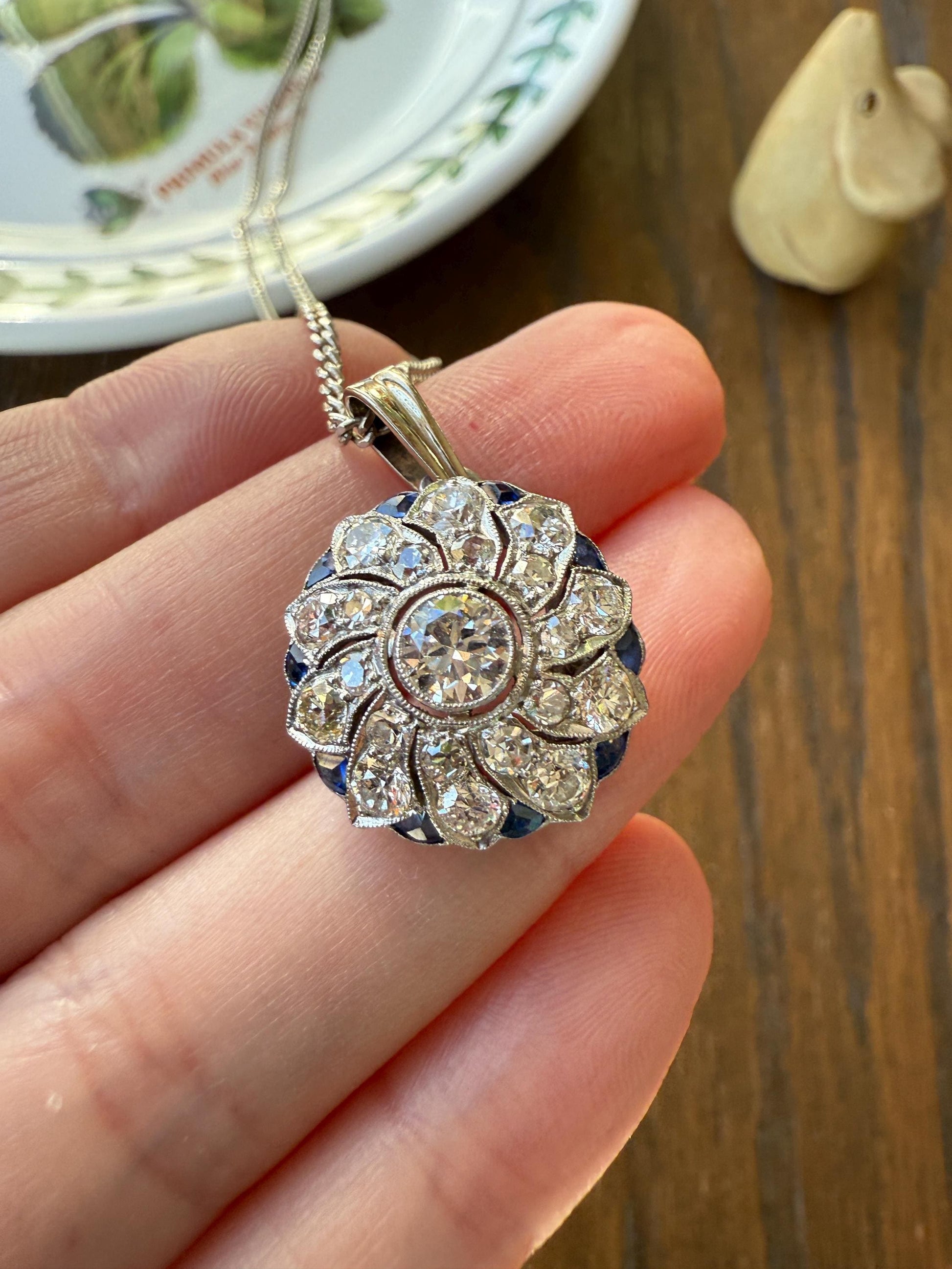 SAPPHIRE Vintage Art Deco Transitional Cut DIAMOND Platinum Floral Cluster Blue Pendant on Silver Chain Necklace Something Old Blue