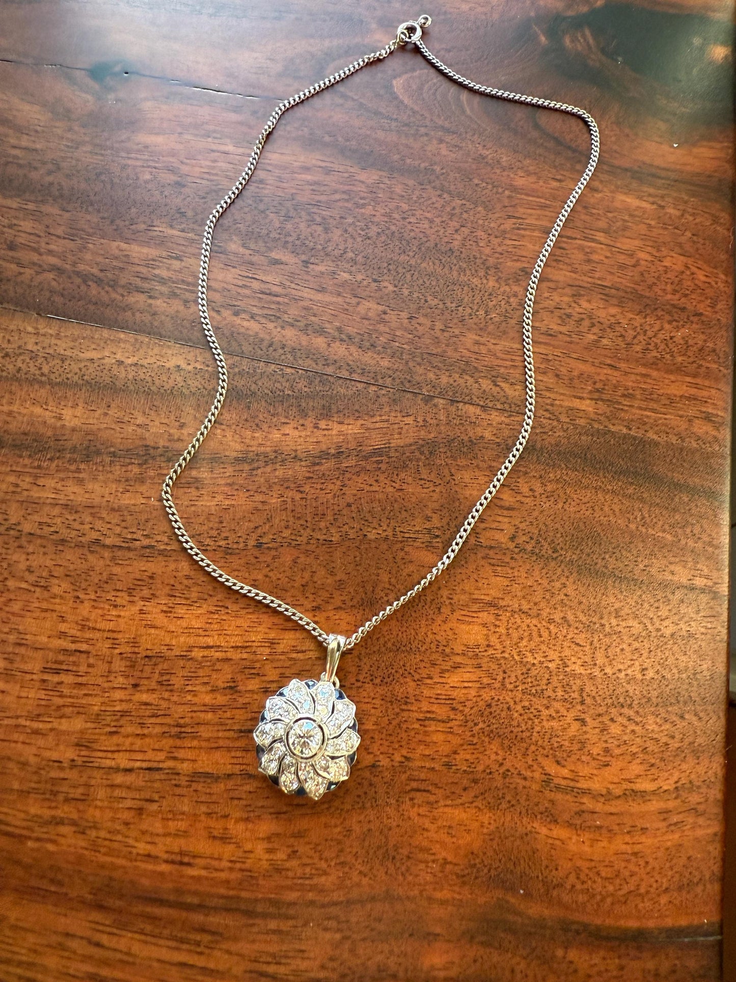 SAPPHIRE Vintage Art Deco Transitional Cut DIAMOND Platinum Floral Cluster Blue Pendant on Silver Chain Necklace Something Old Blue
