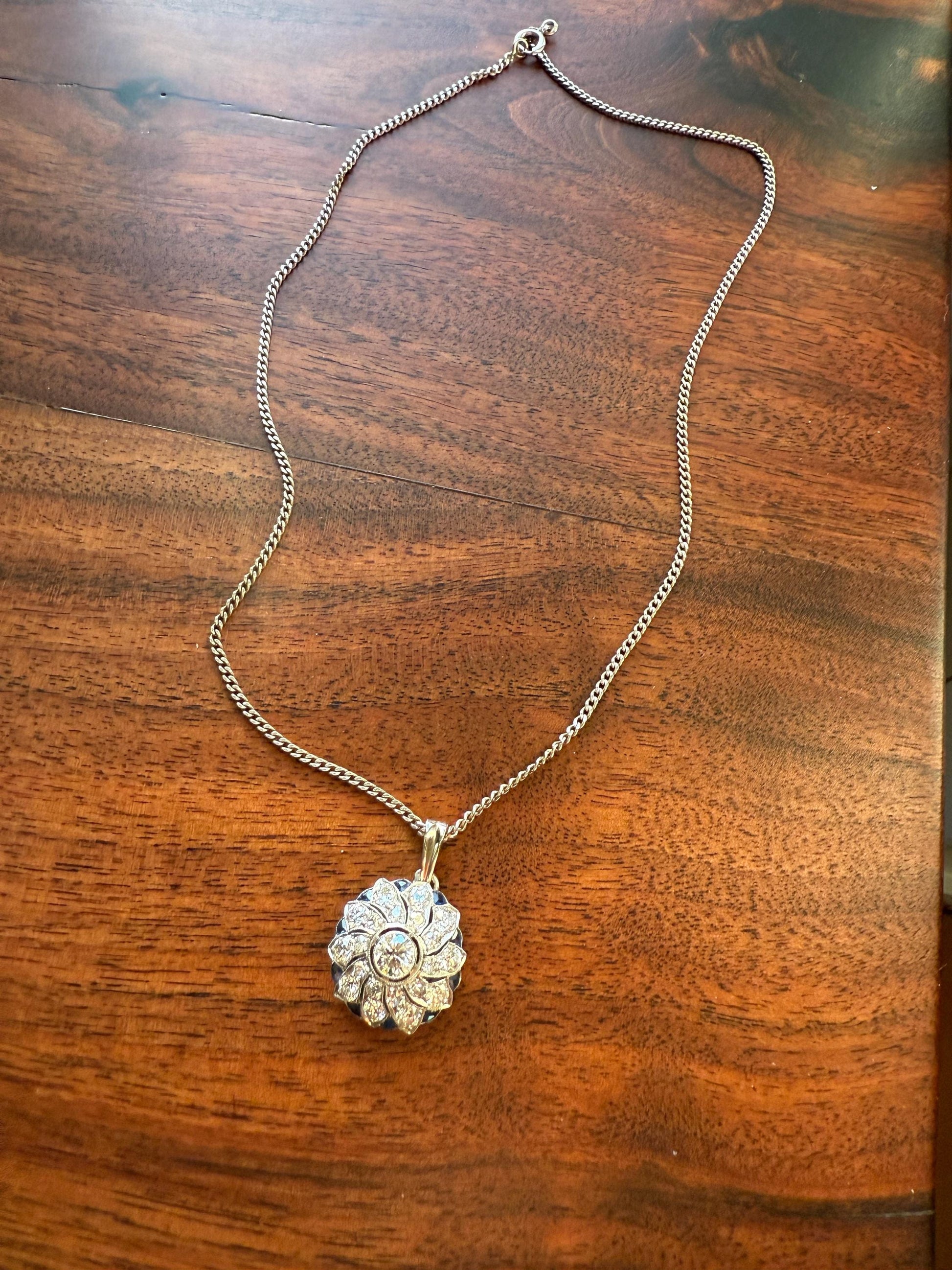 SAPPHIRE Vintage Art Deco Transitional Cut DIAMOND Platinum Floral Cluster Blue Pendant on Silver Chain Necklace Something Old Blue