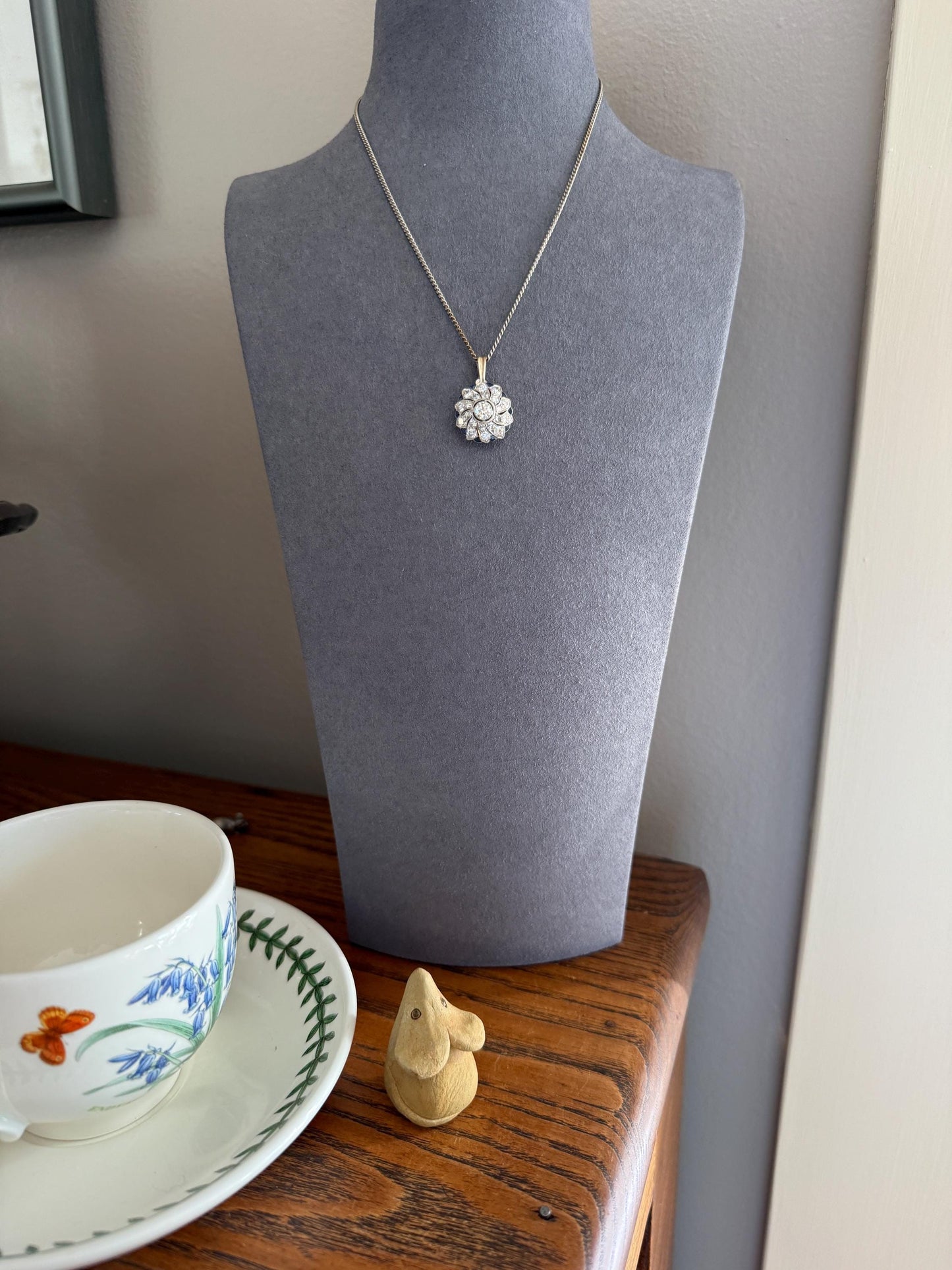 SAPPHIRE Vintage Art Deco Transitional Cut DIAMOND Platinum Floral Cluster Blue Pendant on Silver Chain Necklace Something Old Blue