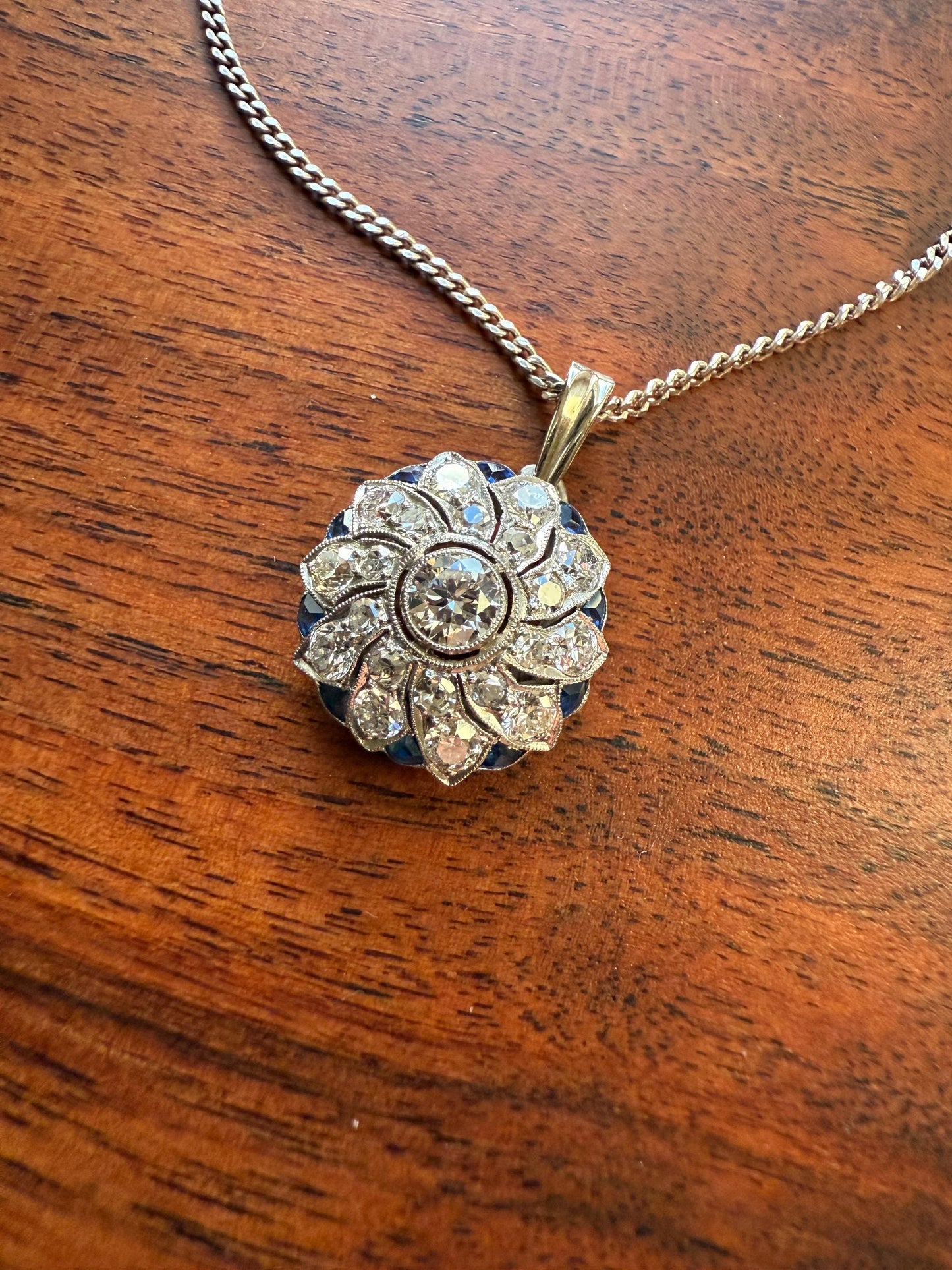 SAPPHIRE Vintage Art Deco Transitional Cut DIAMOND Platinum Floral Cluster Blue Pendant on Silver Chain Necklace Something Old Blue