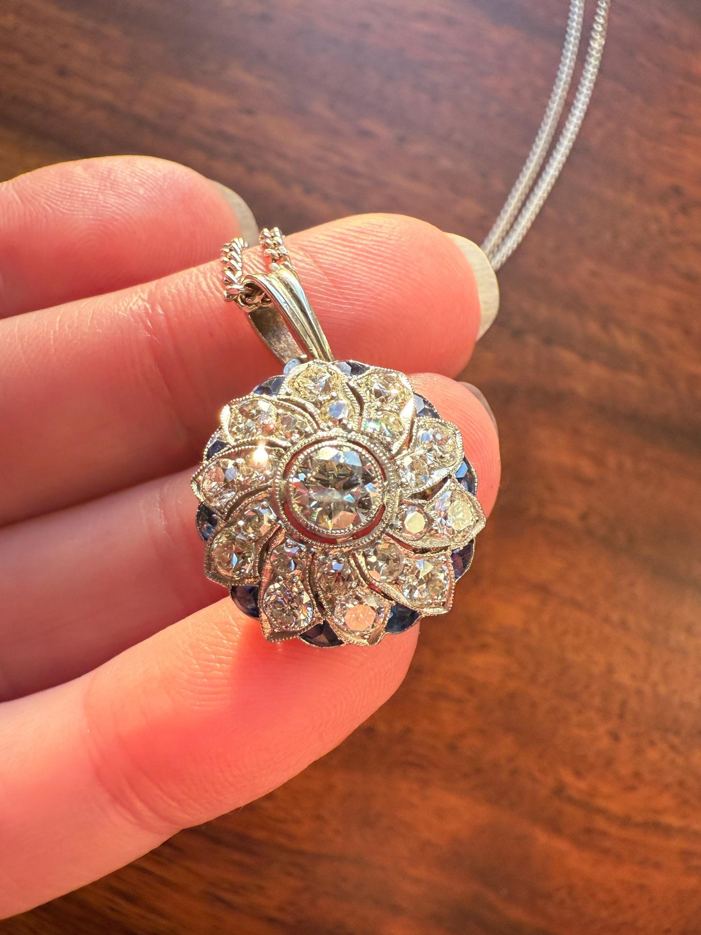 SAPPHIRE Vintage Art Deco Transitional Cut DIAMOND Platinum Floral Cluster Blue Pendant on Silver Chain Necklace Something Old Blue