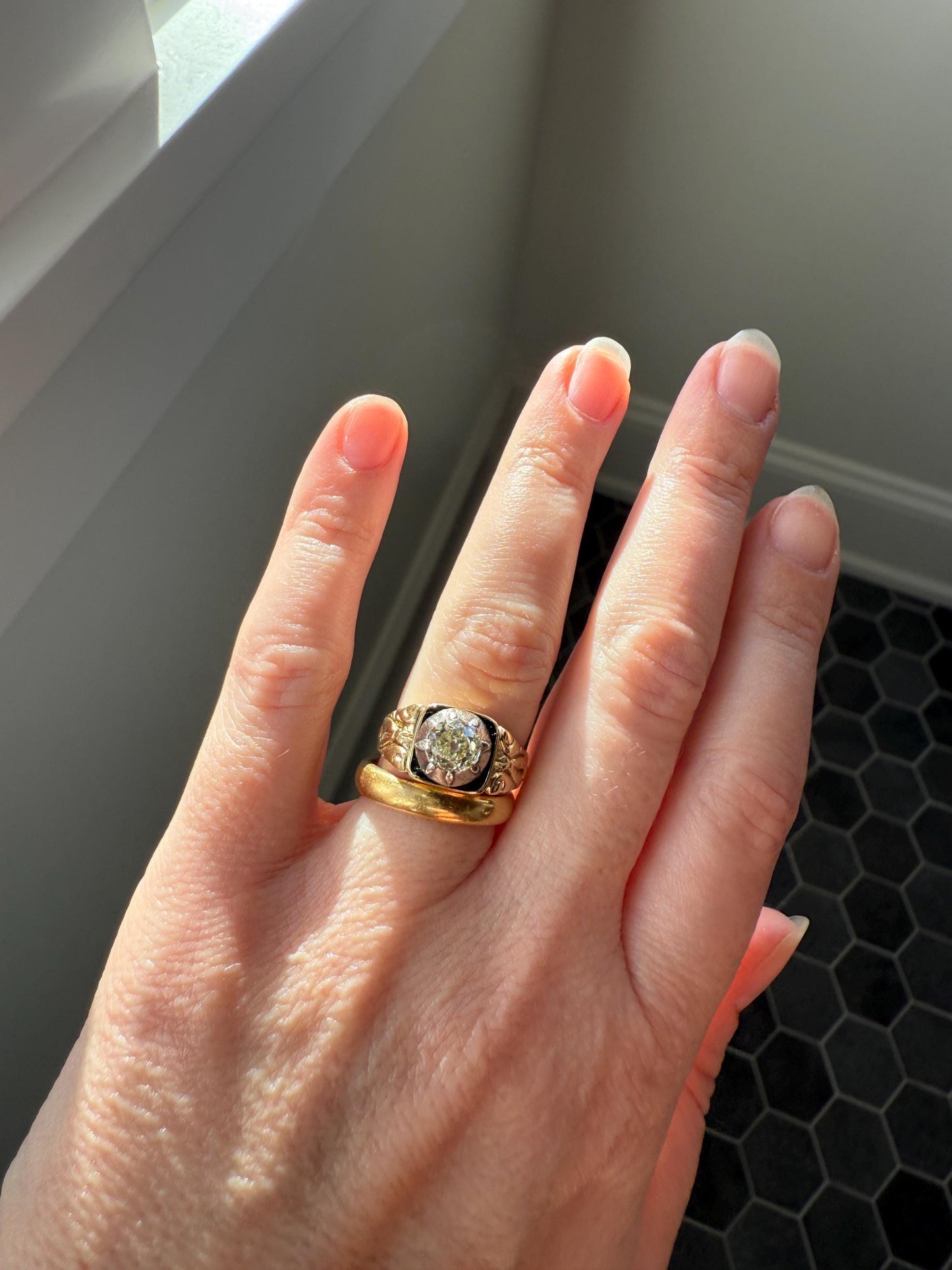 Chunky One Carat Old Mine Cut DIAMOND Solitaire Georgian to Early Victorian Open Back Antique 18k Gold Silver Collet Ornate Stacker OMC