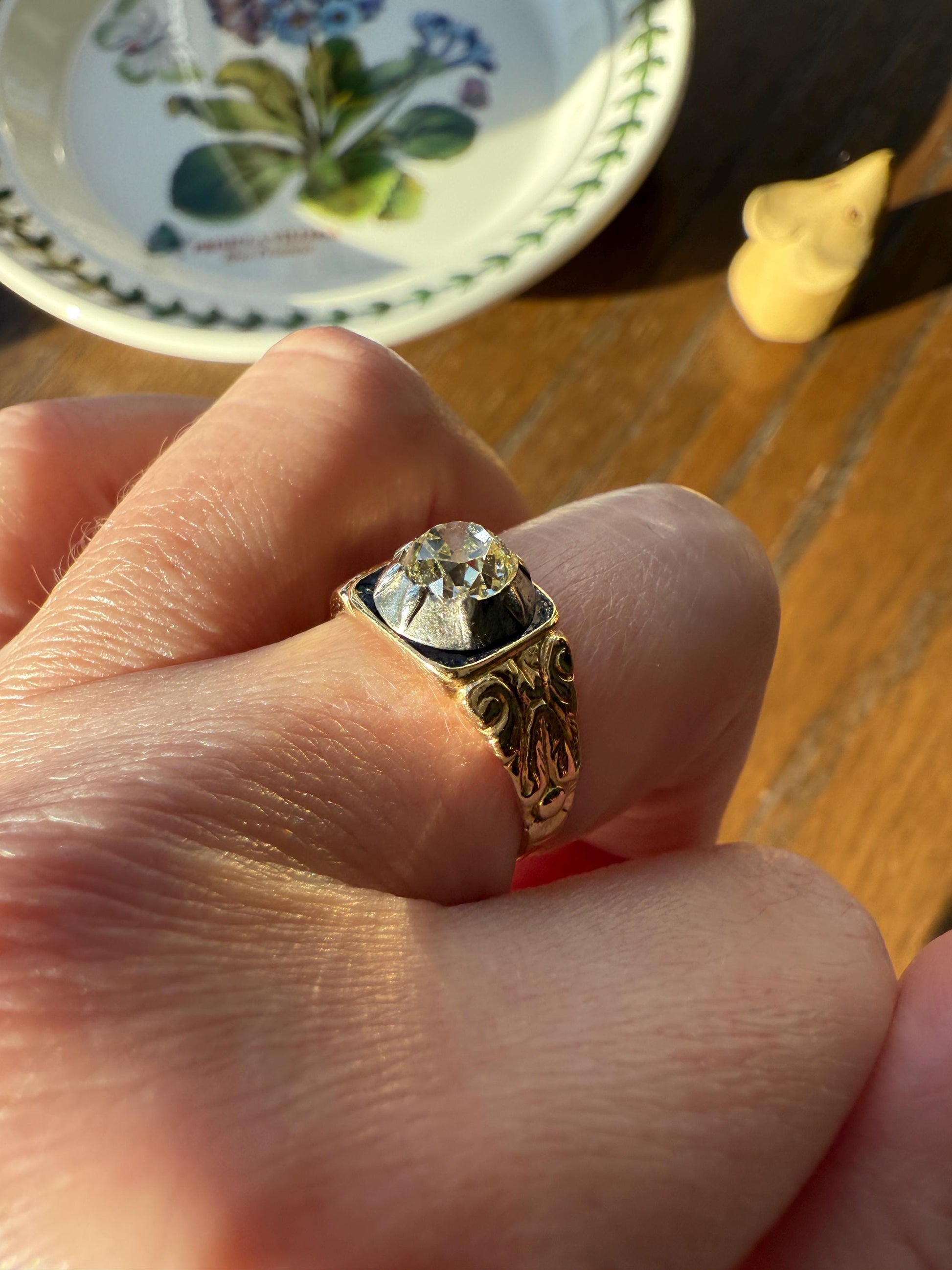 Chunky One Carat Old Mine Cut DIAMOND Solitaire Georgian to Early Victorian Open Back Antique 18k Gold Silver Collet Ornate Stacker OMC