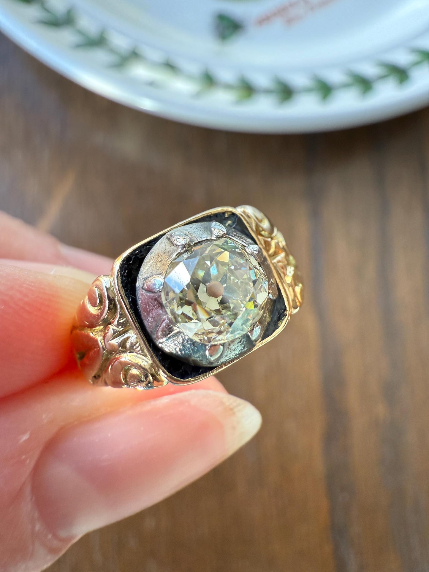 Chunky One Carat Old Mine Cut DIAMOND Solitaire Georgian to Early Victorian Open Back Antique 18k Gold Silver Collet Ornate Stacker OMC