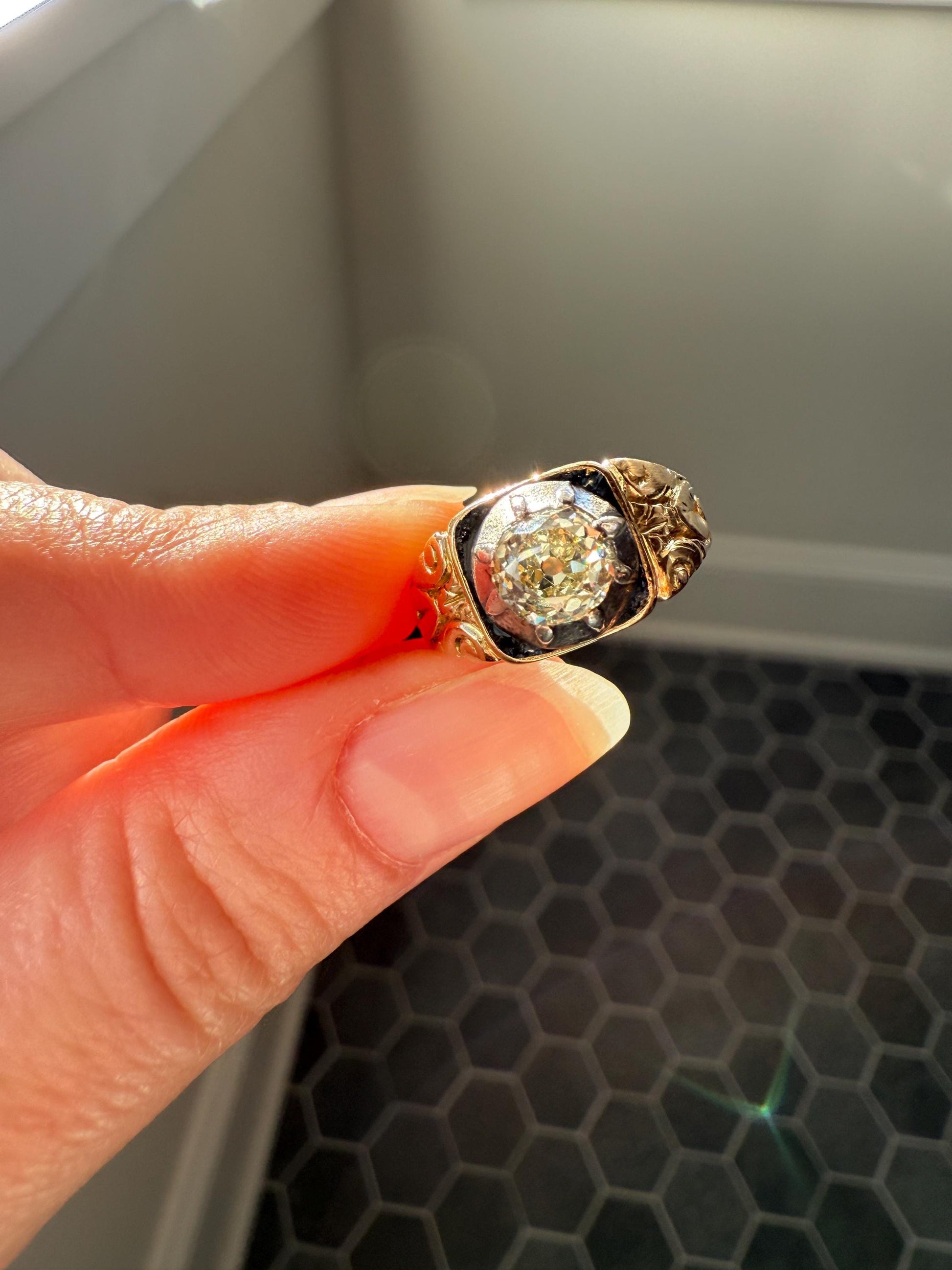 Chunky One Carat Old Mine Cut DIAMOND Solitaire Georgian to Early Victorian Open Back Antique 18k Gold Silver Collet Ornate Stacker OMC