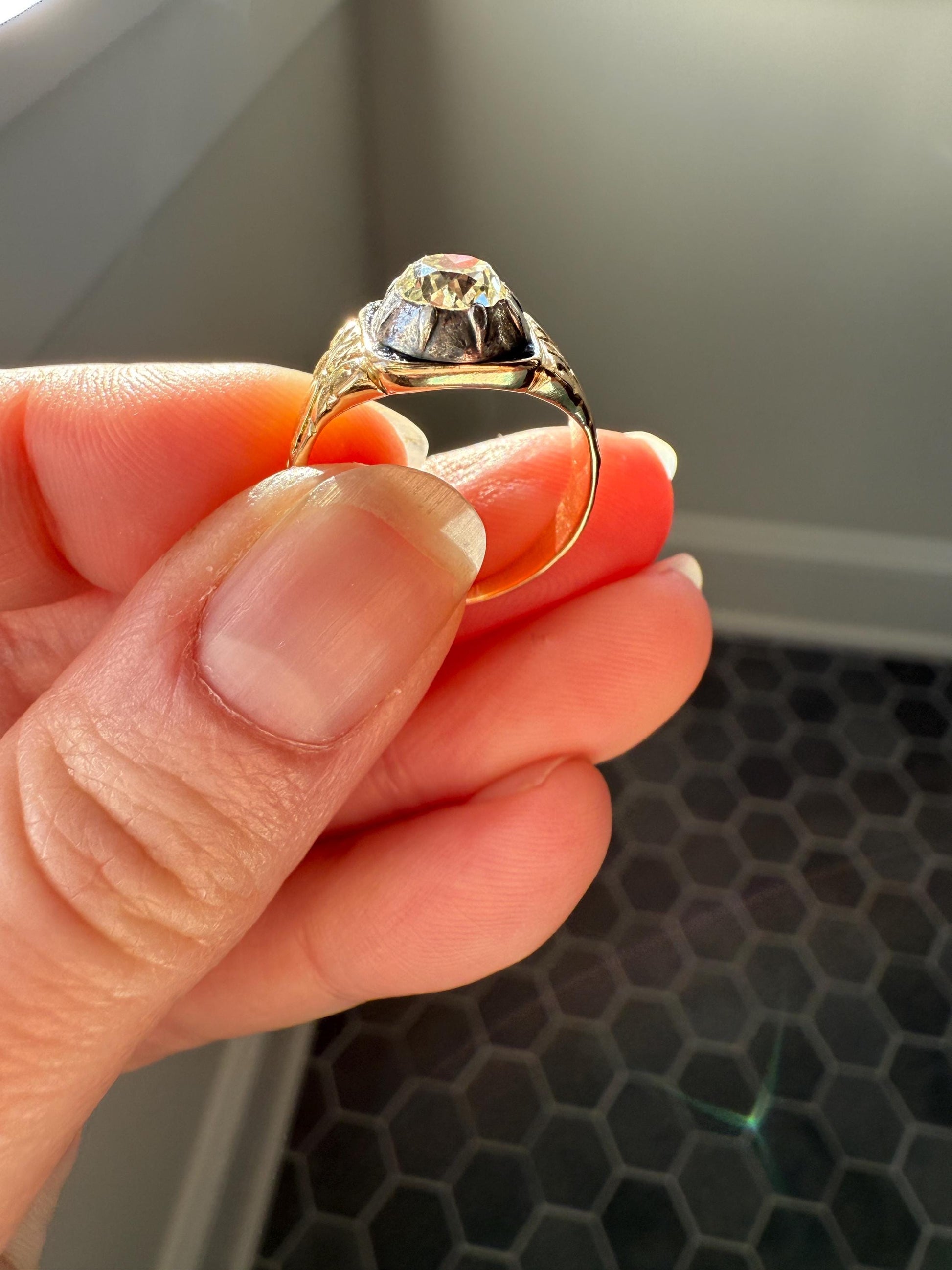 Chunky One Carat Old Mine Cut DIAMOND Solitaire Georgian to Early Victorian Open Back Antique 18k Gold Silver Collet Ornate Stacker OMC