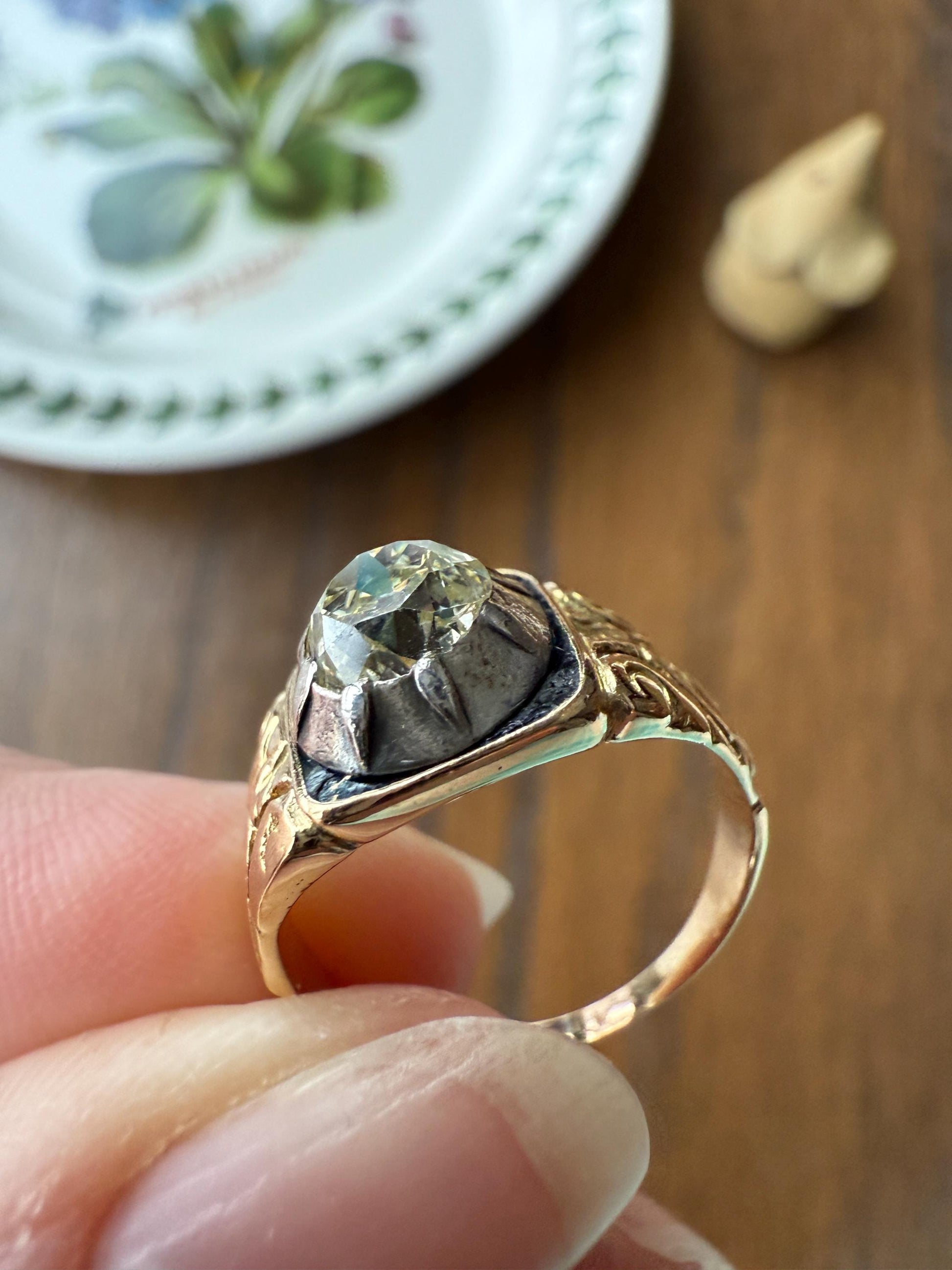 Chunky One Carat Old Mine Cut DIAMOND Solitaire Georgian to Early Victorian Open Back Antique 18k Gold Silver Collet Ornate Stacker OMC