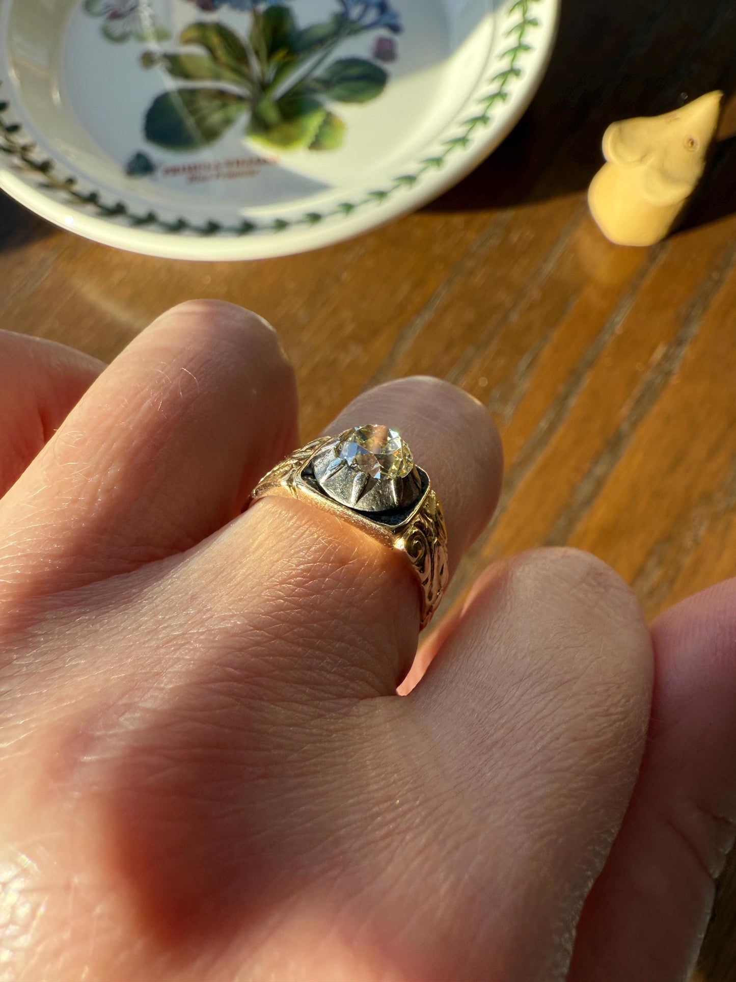 Chunky One Carat Old Mine Cut DIAMOND Solitaire Georgian to Early Victorian Open Back Antique 18k Gold Silver Collet Ornate Stacker OMC