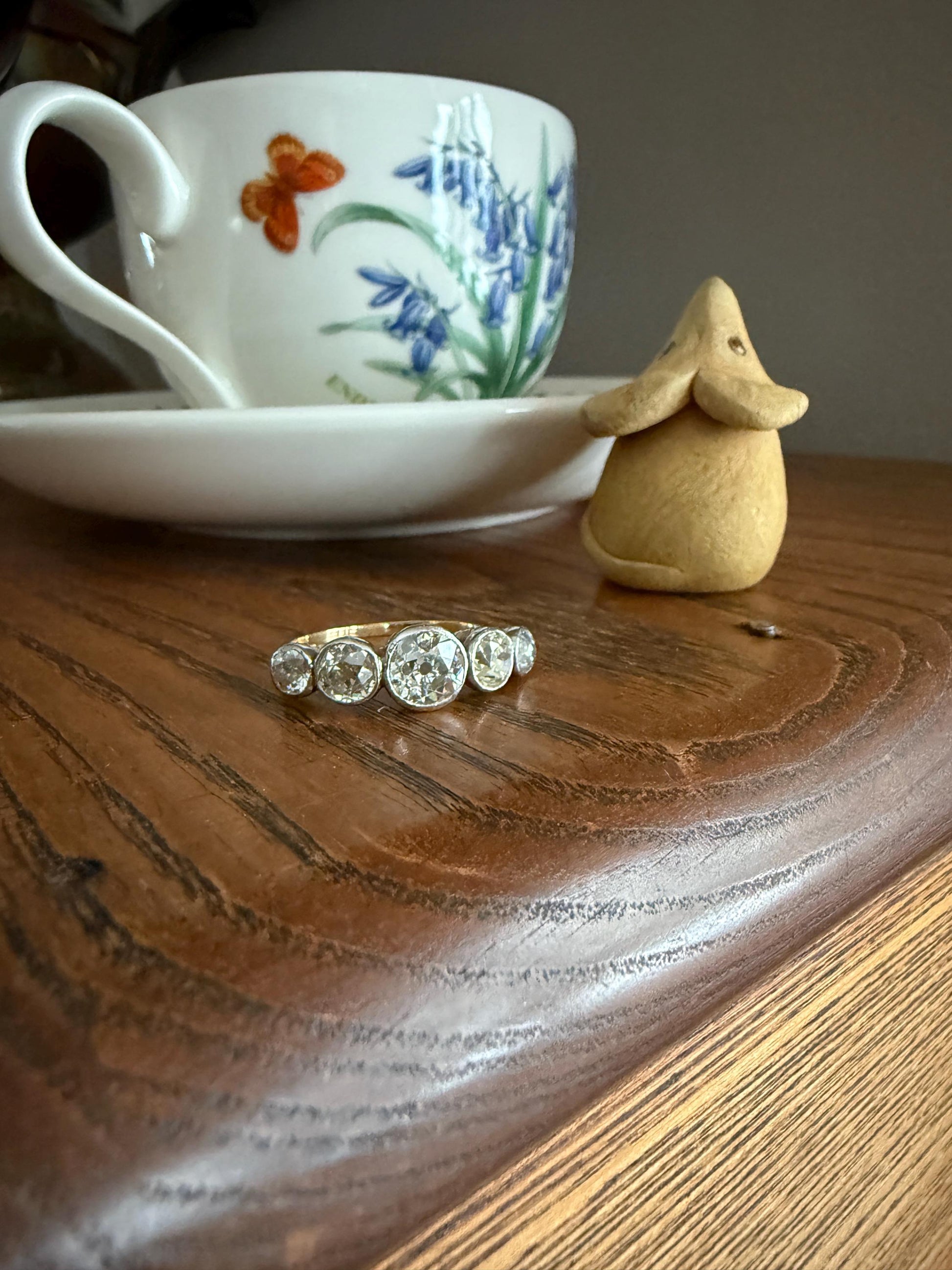 Large Antique 3 CARATS Old Mine Cut DIAMOND Five Stone Stacker Band Bezel Set Edwardian 18k Gold Big Finger Size 3Ctw OMC