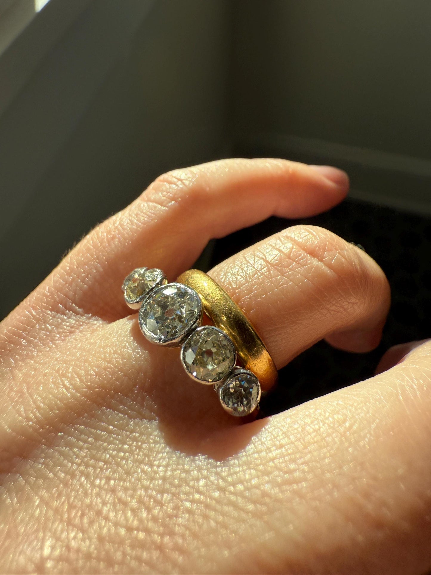 Large Antique 3 CARATS Old Mine Cut DIAMOND Five Stone Stacker Band Bezel Set Edwardian 18k Gold Big Finger Size 3Ctw OMC