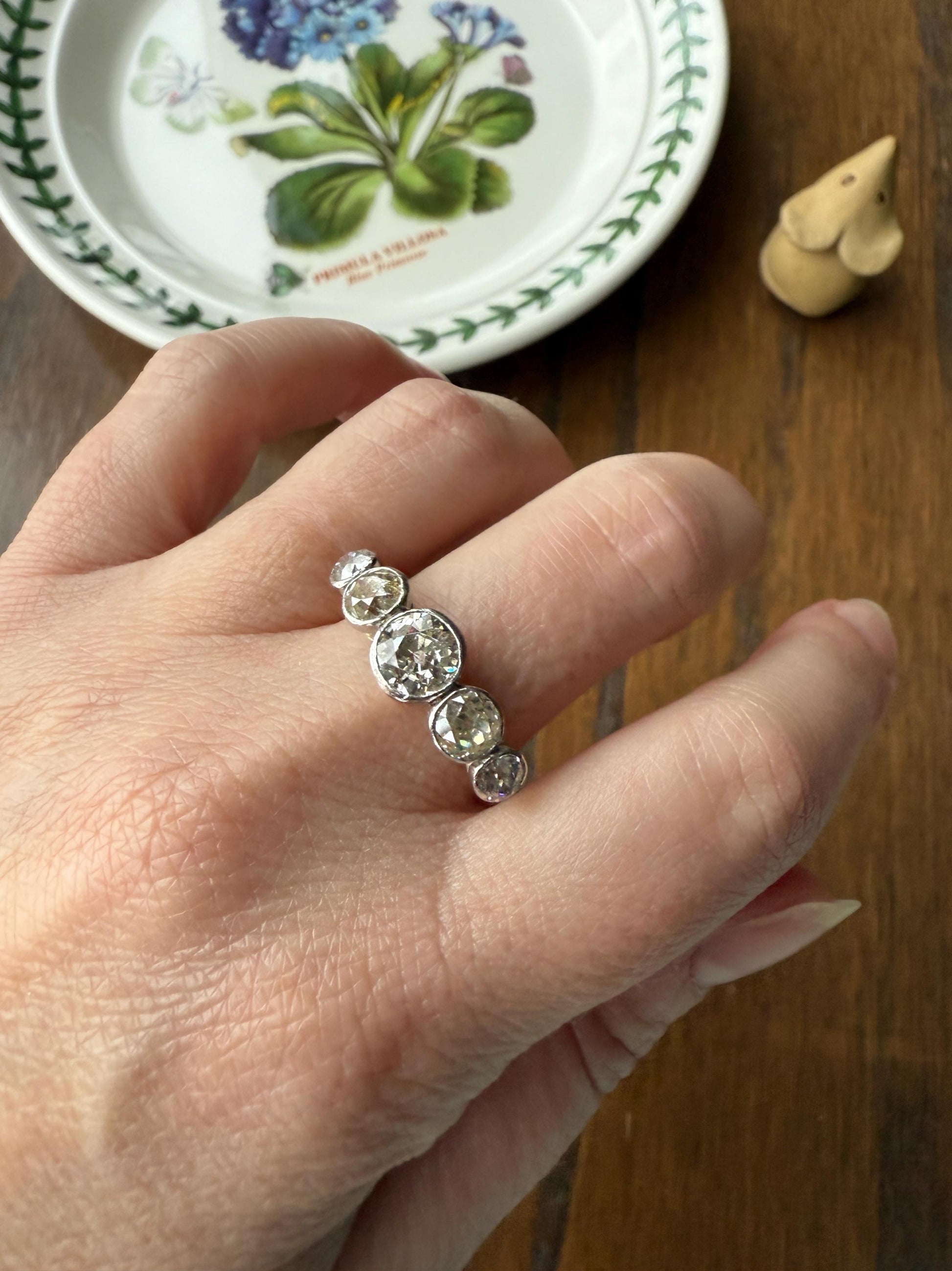 Large Antique 3 CARATS Old Mine Cut DIAMOND Five Stone Stacker Band Bezel Set Edwardian 18k Gold Big Finger Size 3Ctw OMC