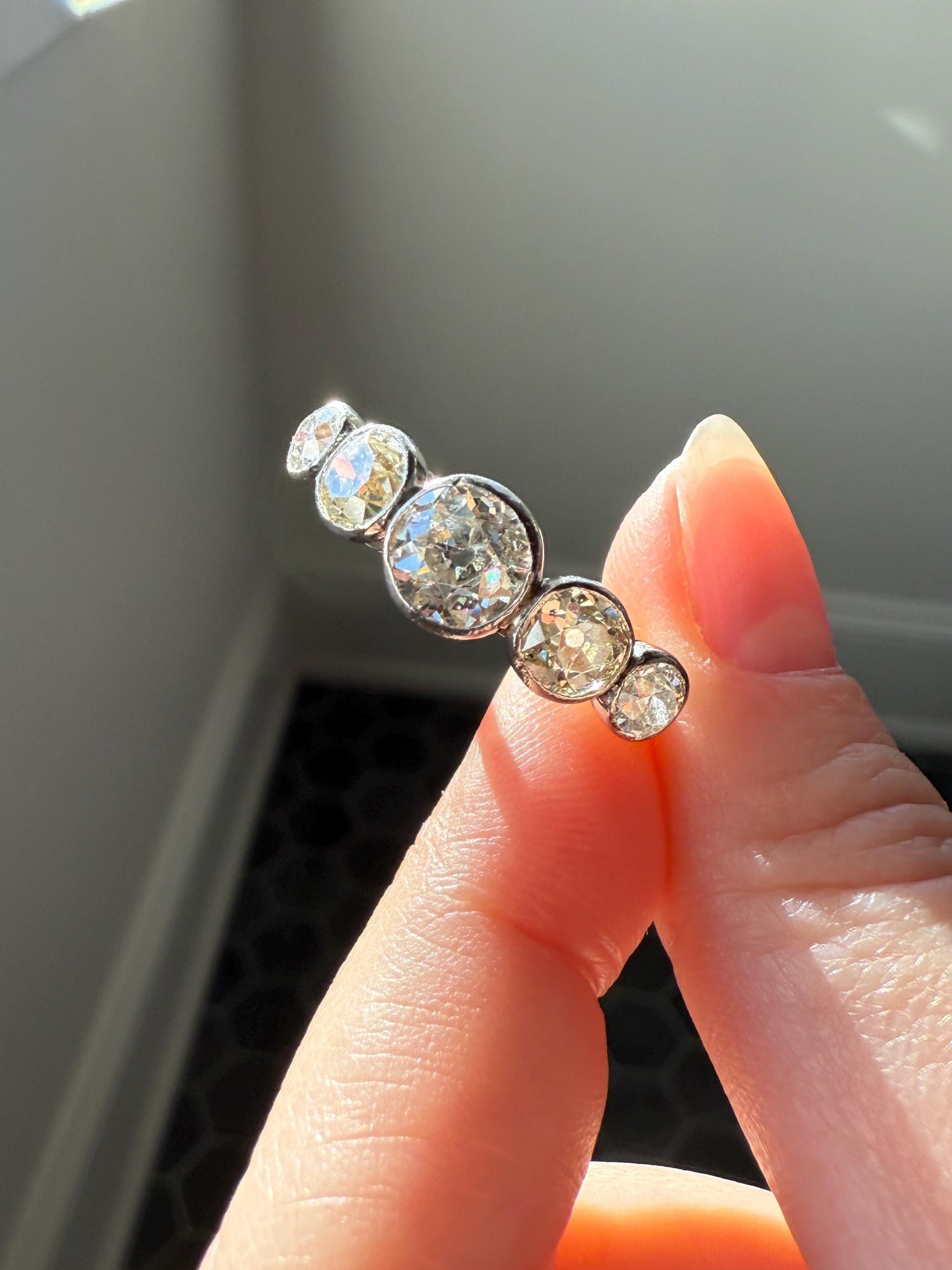 Large Antique 3 CARATS Old Mine Cut DIAMOND Five Stone Stacker Band Bezel Set Edwardian 18k Gold Big Finger Size 3Ctw OMC