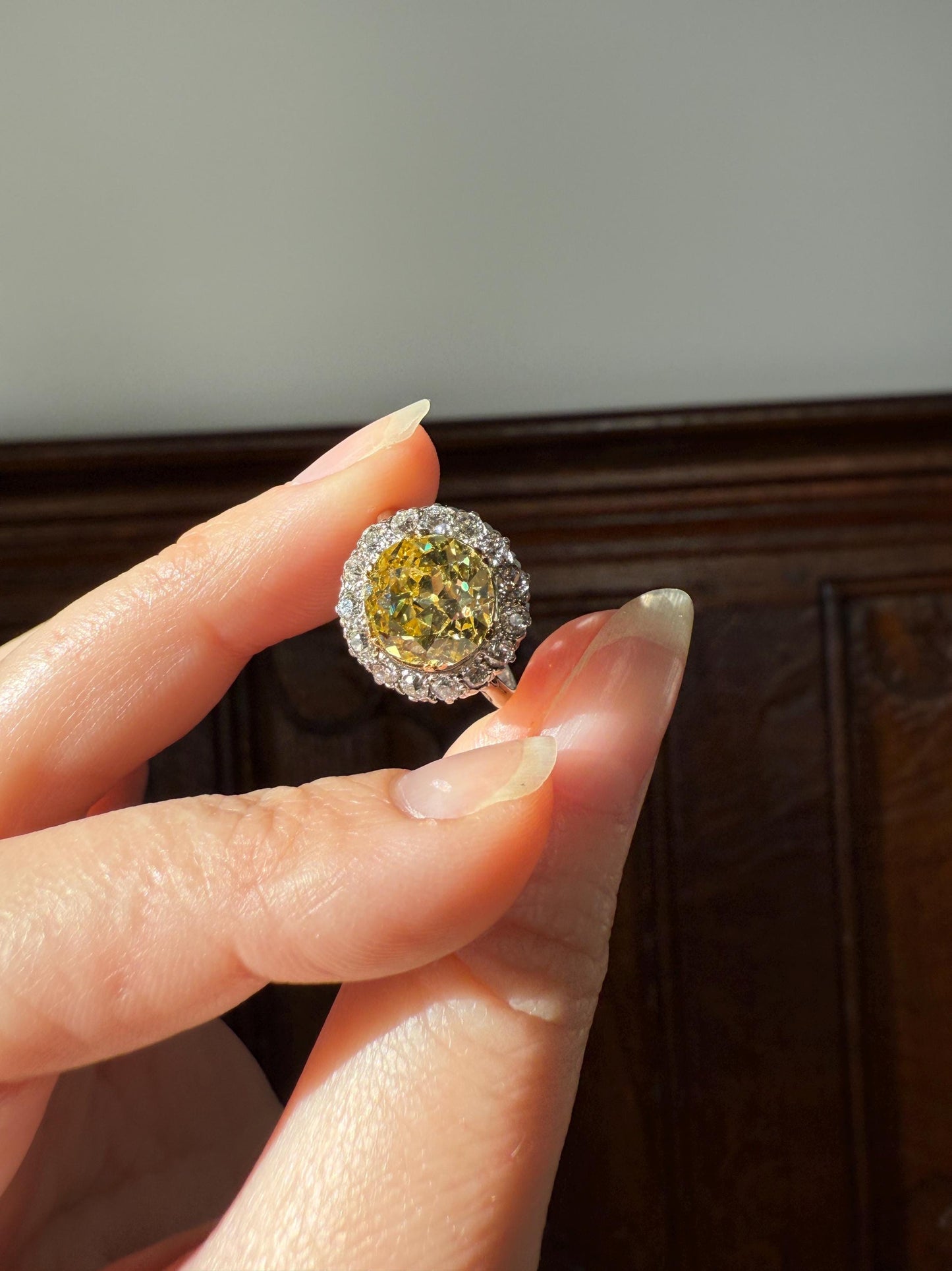 ANTIQUE Fancy Canary Yellow 2.9 Carat Old Mine Cut Diamond Colorless OMC Halo 3.65Ctw Cluster Ring Edwardian Platinum