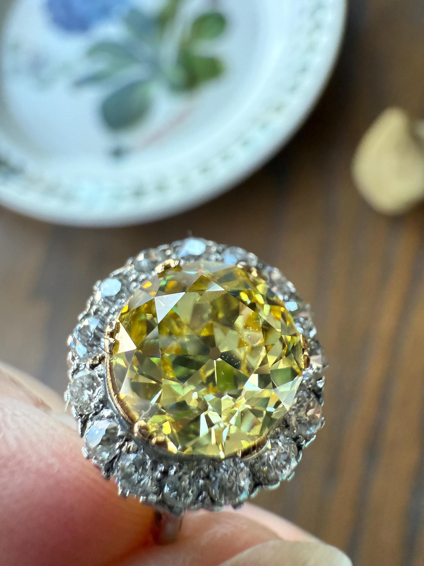ANTIQUE Fancy Canary Yellow 2.9 Carat Old Mine Cut Diamond Colorless OMC Halo 3.65Ctw Cluster Ring Edwardian Platinum