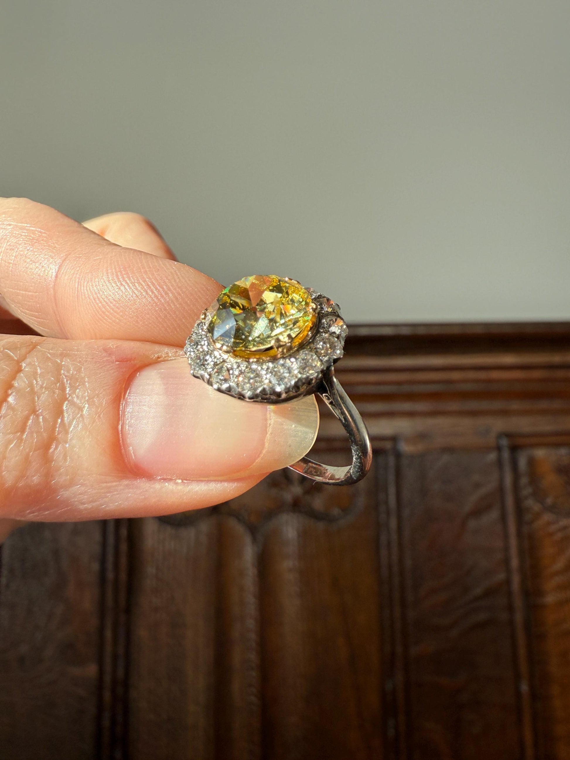 ANTIQUE Fancy Canary Yellow 2.9 Carat Old Mine Cut Diamond Colorless OMC Halo 3.65Ctw Cluster Ring Edwardian Platinum