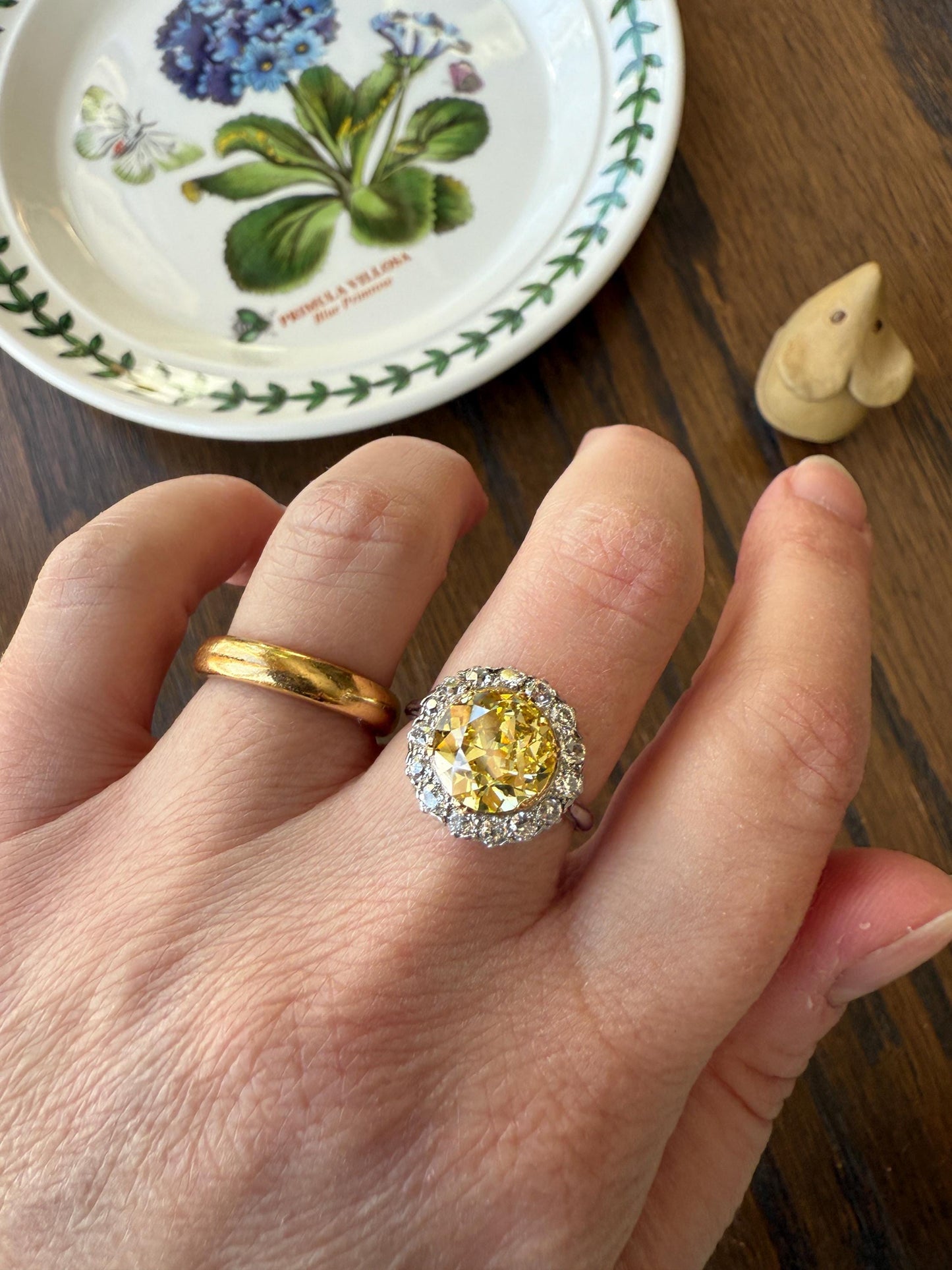 ANTIQUE Fancy Canary Yellow 2.9 Carat Old Mine Cut Diamond Colorless OMC Halo 3.65Ctw Cluster Ring Edwardian Platinum