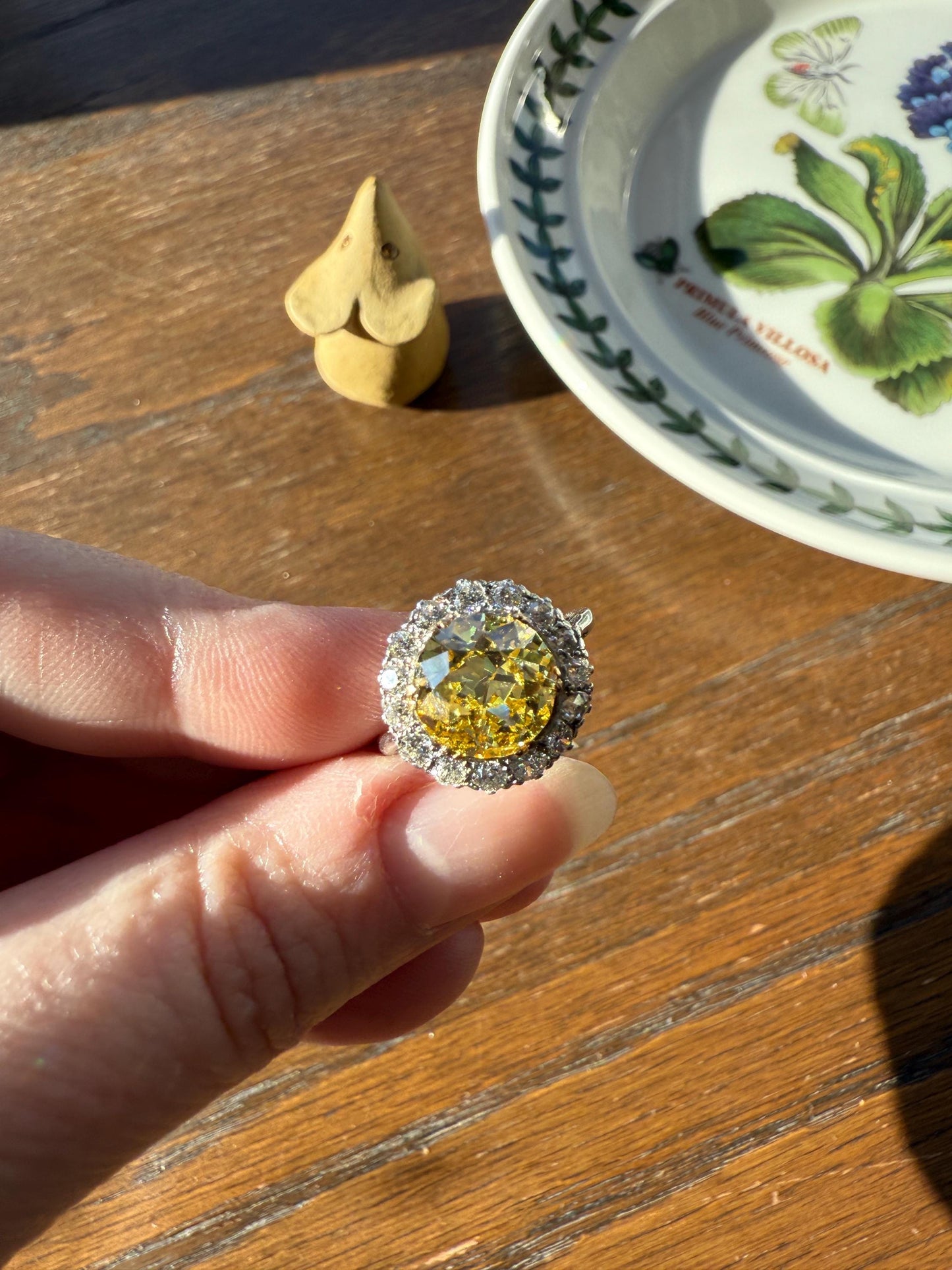ANTIQUE Fancy Canary Yellow 2.9 Carat Old Mine Cut Diamond Colorless OMC Halo 3.65Ctw Cluster Ring Edwardian Platinum