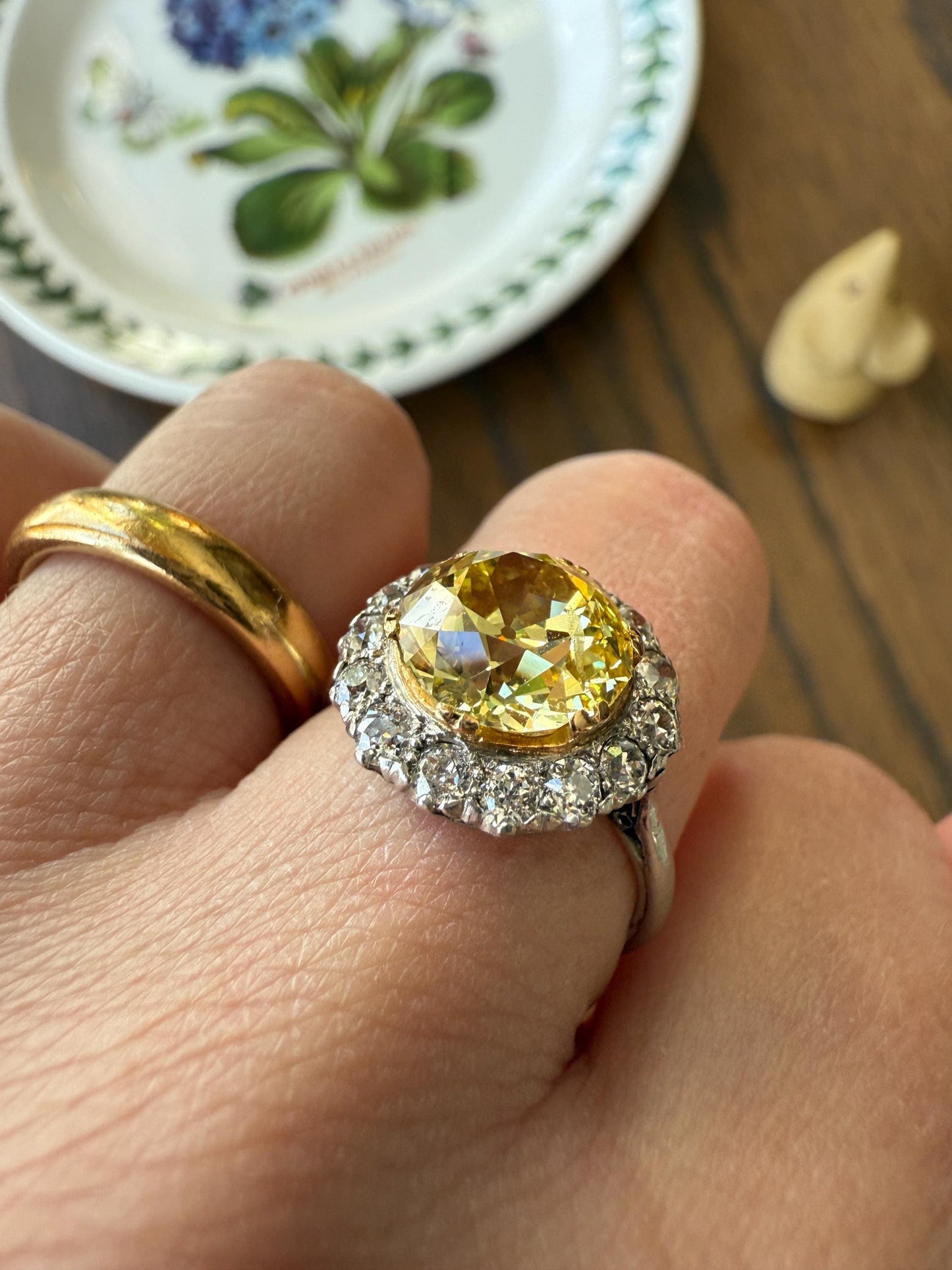 ANTIQUE Fancy Canary Yellow 2.9 Carat Old Mine Cut Diamond Colorless OMC Halo 3.65Ctw Cluster Ring Edwardian Platinum