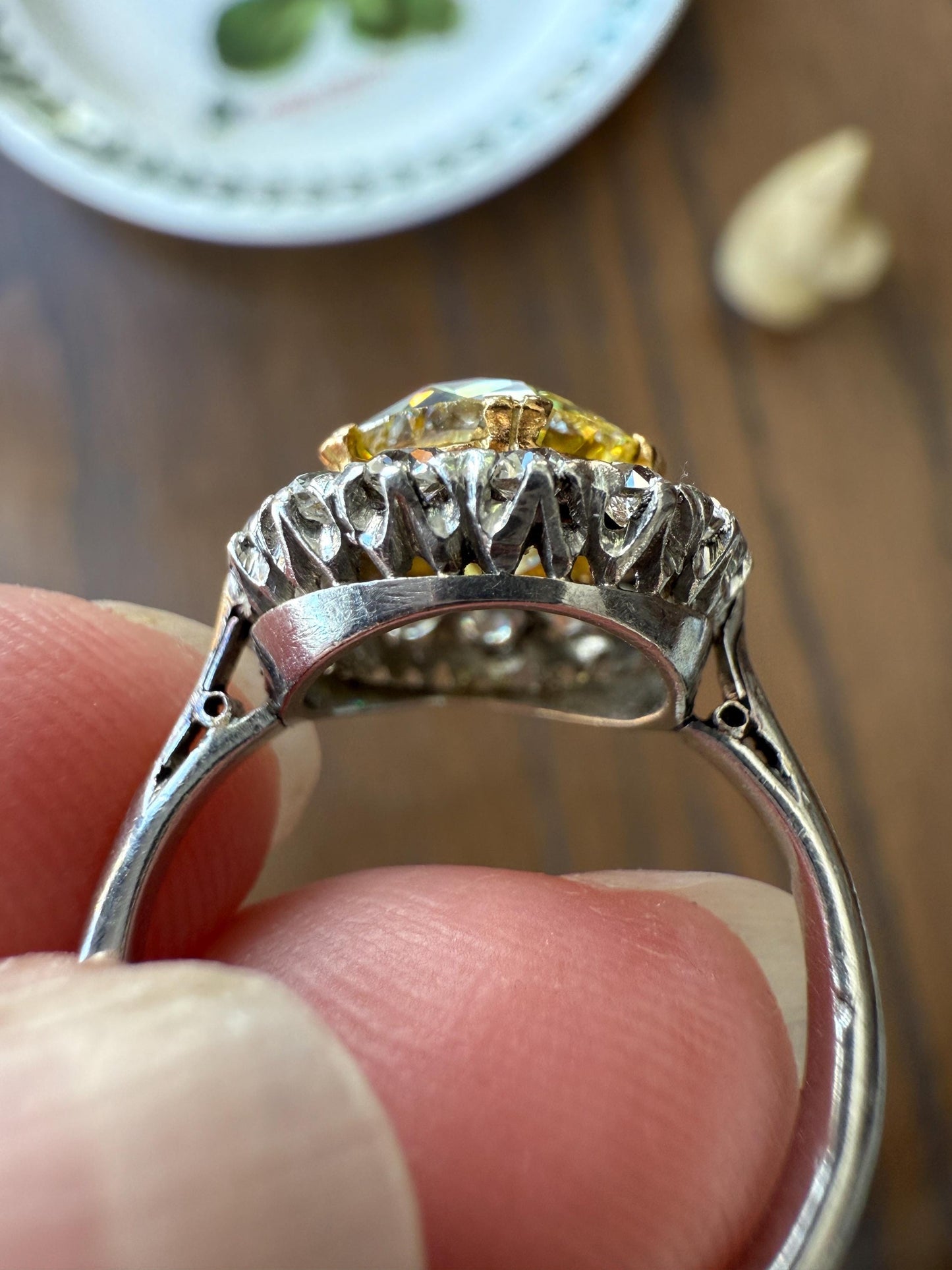 ANTIQUE Fancy Canary Yellow 2.9 Carat Old Mine Cut Diamond Colorless OMC Halo 3.65Ctw Cluster Ring Edwardian Platinum