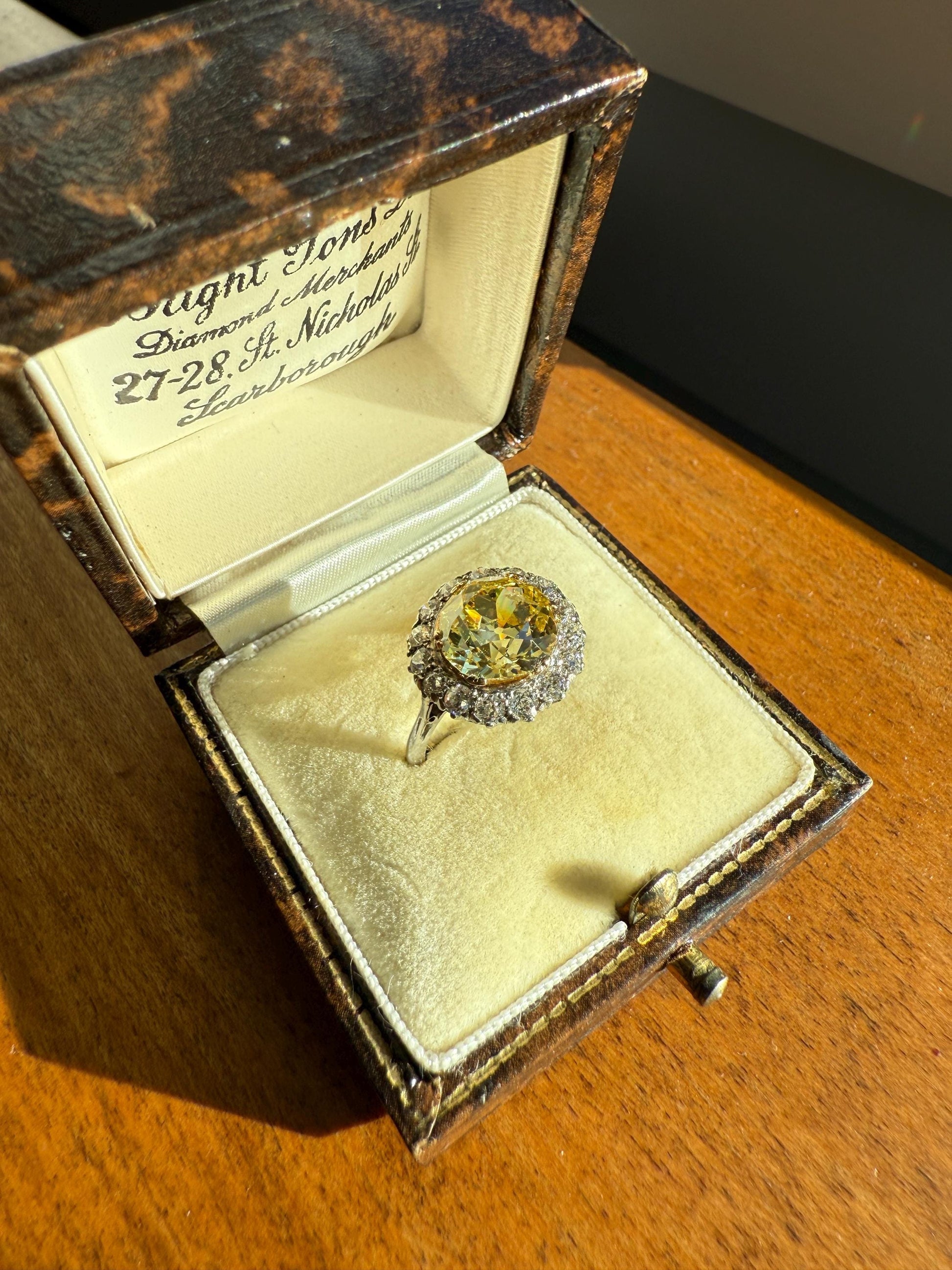 ANTIQUE Fancy Canary Yellow 2.9 Carat Old Mine Cut Diamond Colorless OMC Halo 3.65Ctw Cluster Ring Edwardian Platinum