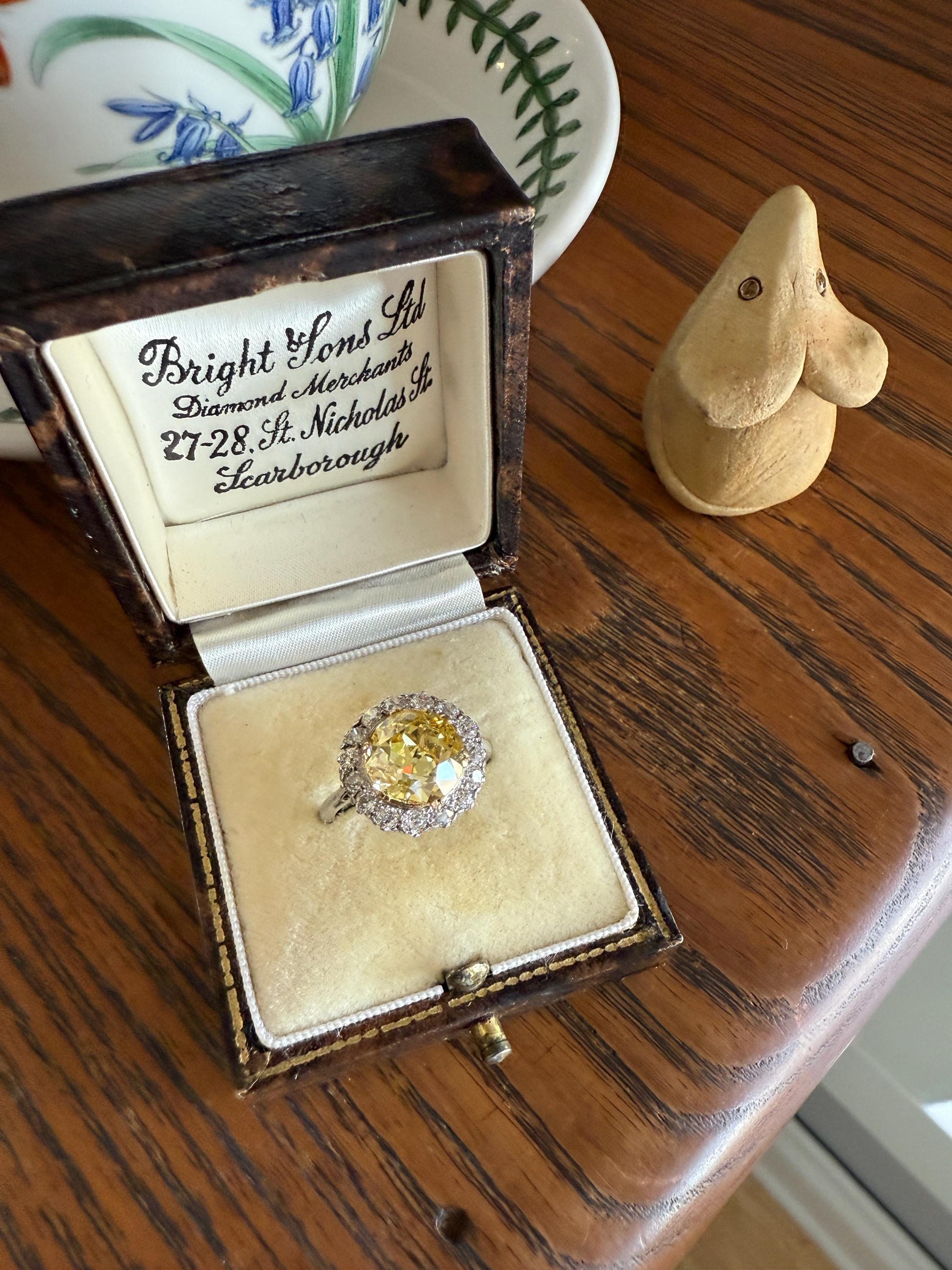 ANTIQUE Fancy Canary Yellow 2.9 Carat Old Mine Cut Diamond Colorless OMC Halo 3.65Ctw Cluster Ring Edwardian Platinum